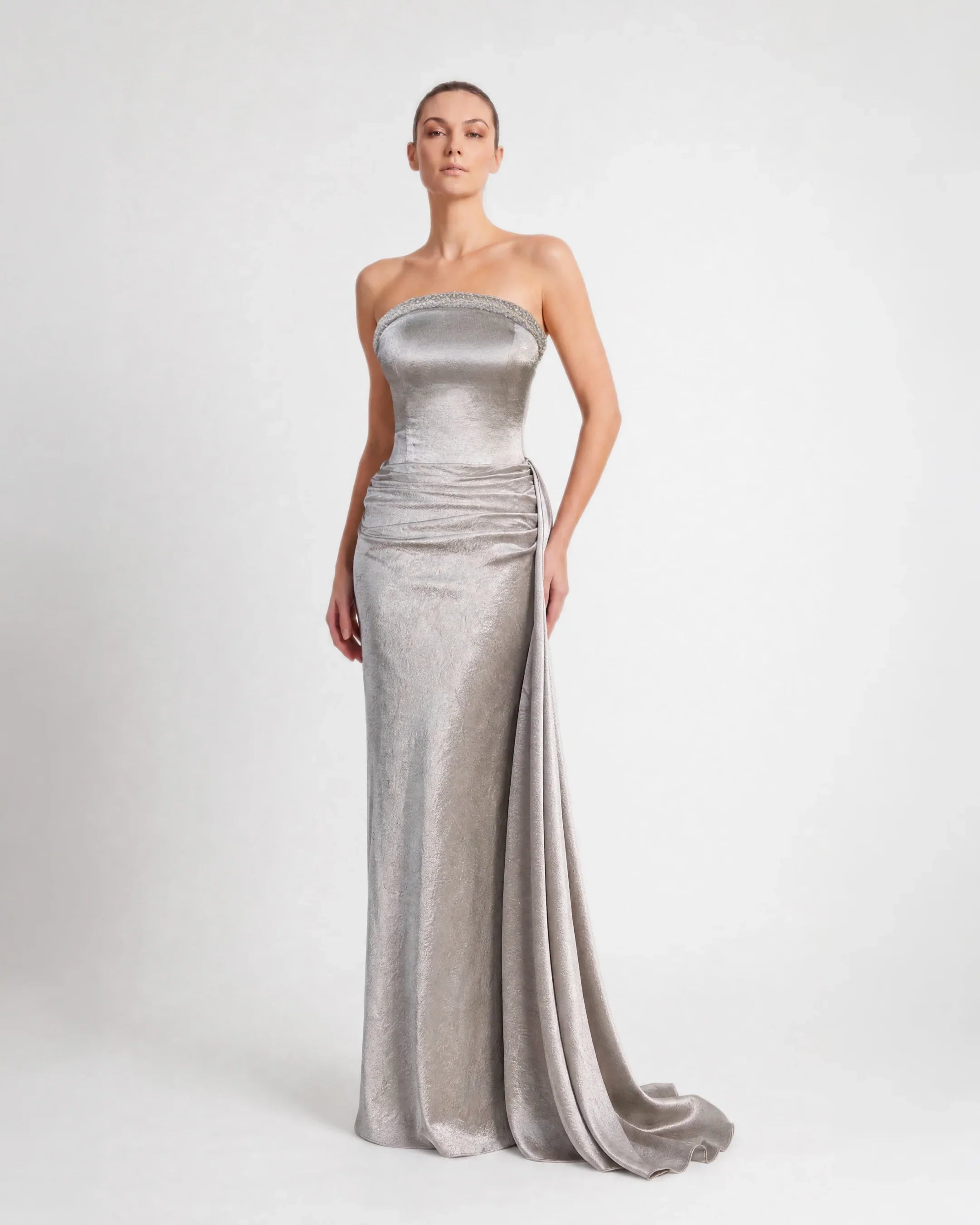 26193-Strapless Draped Long Satin Evening Dress