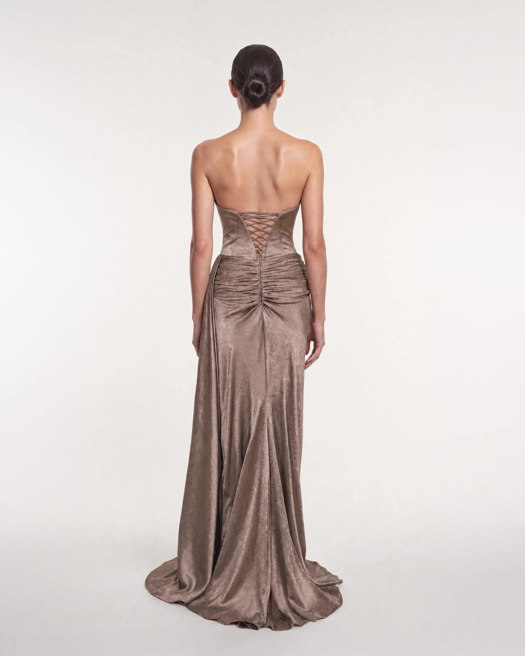 26193-Strapless Draped Long Satin Evening Dress