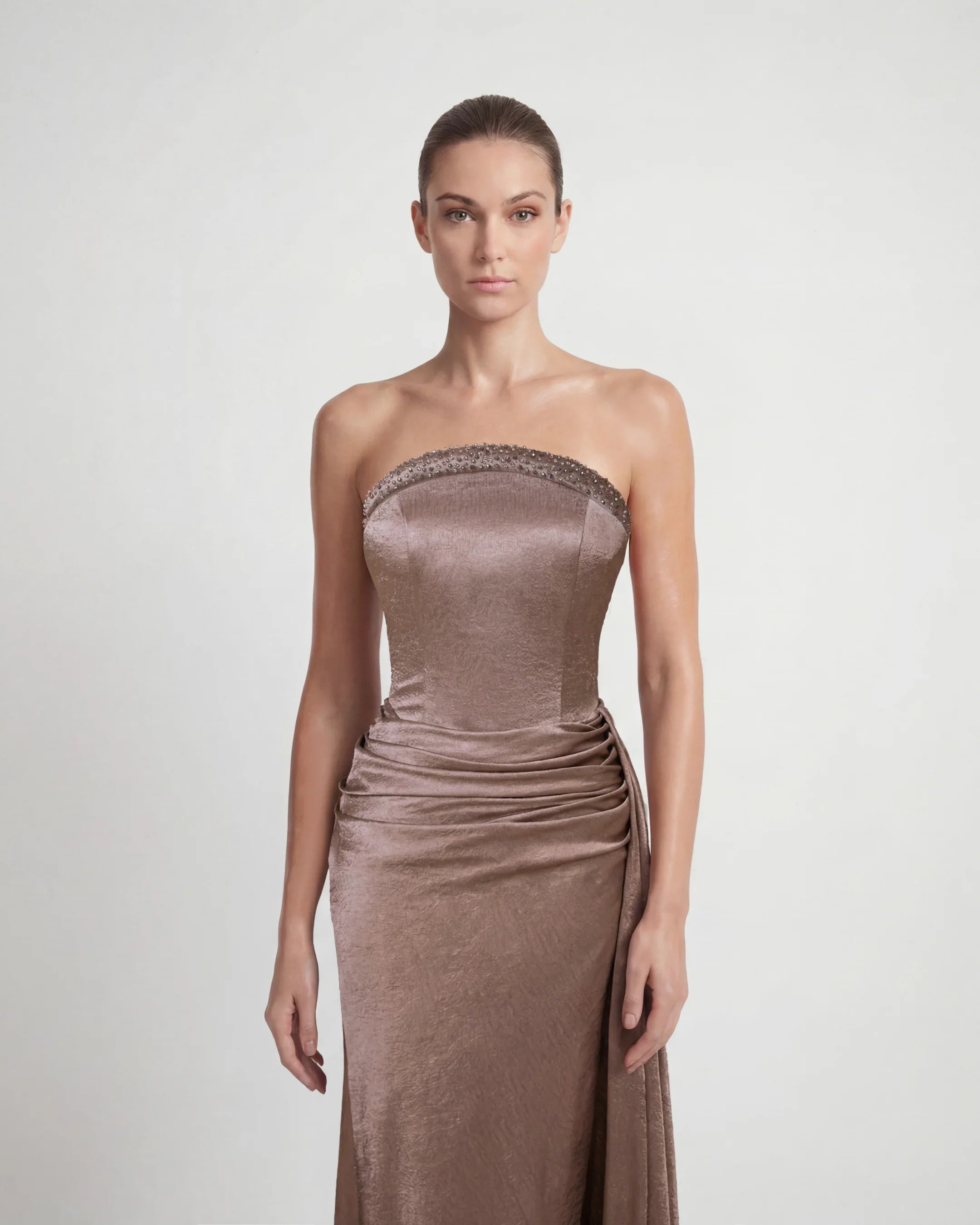 26193-Strapless Draped Long Satin Evening Dress