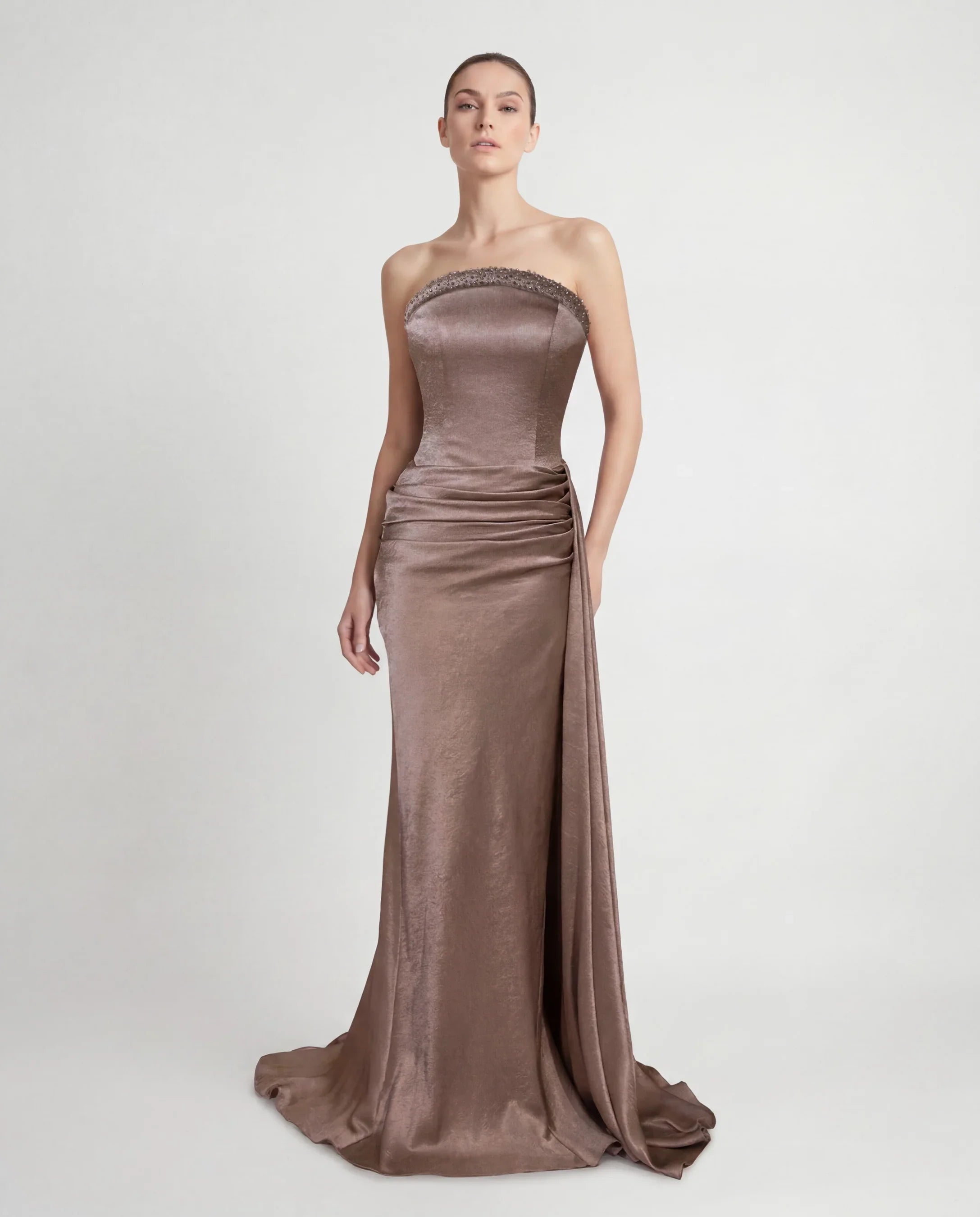 26193-Strapless Draped Long Satin Evening Dress