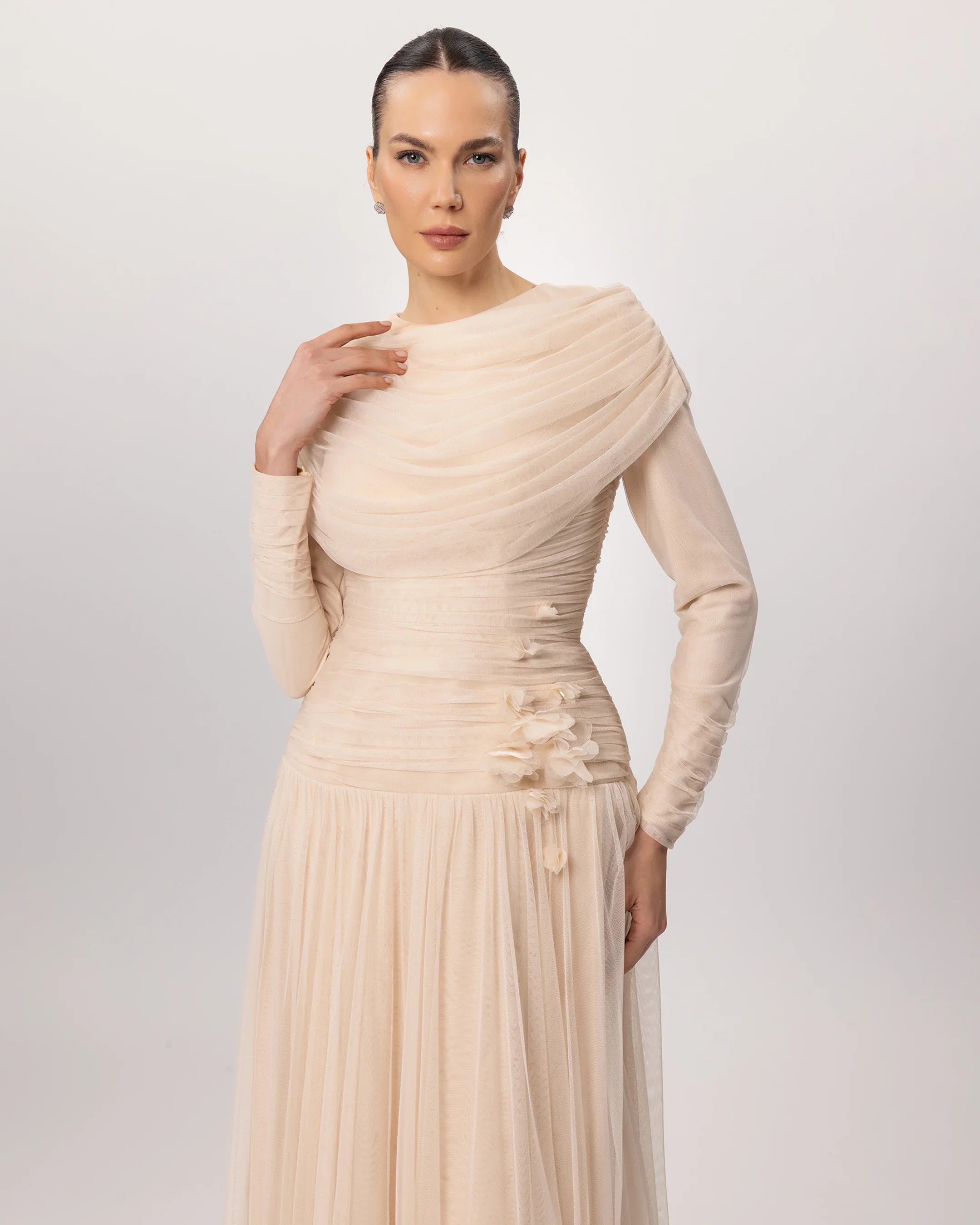 26200-Dropped Shoulder Puffy Sleeve Modest Evening Dress