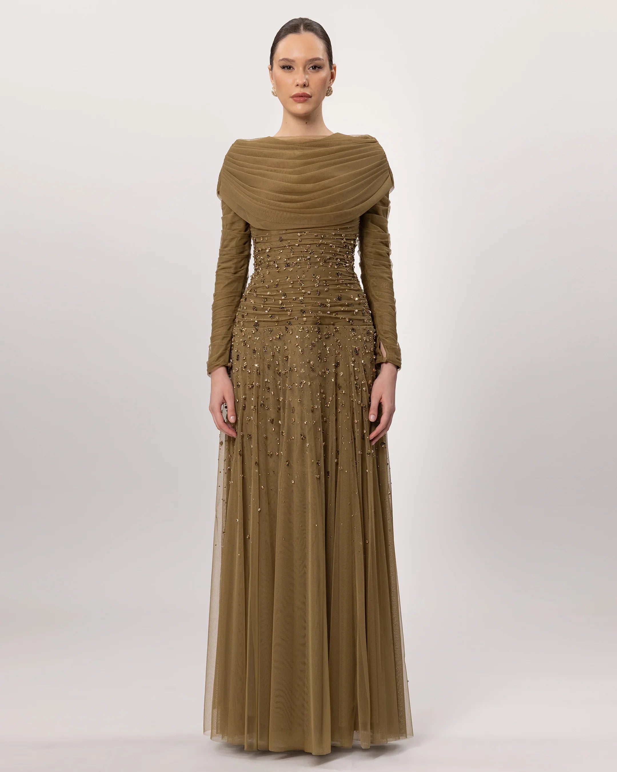 26205-Stone Embroidered Tulle Detailed Modest Evening Dress