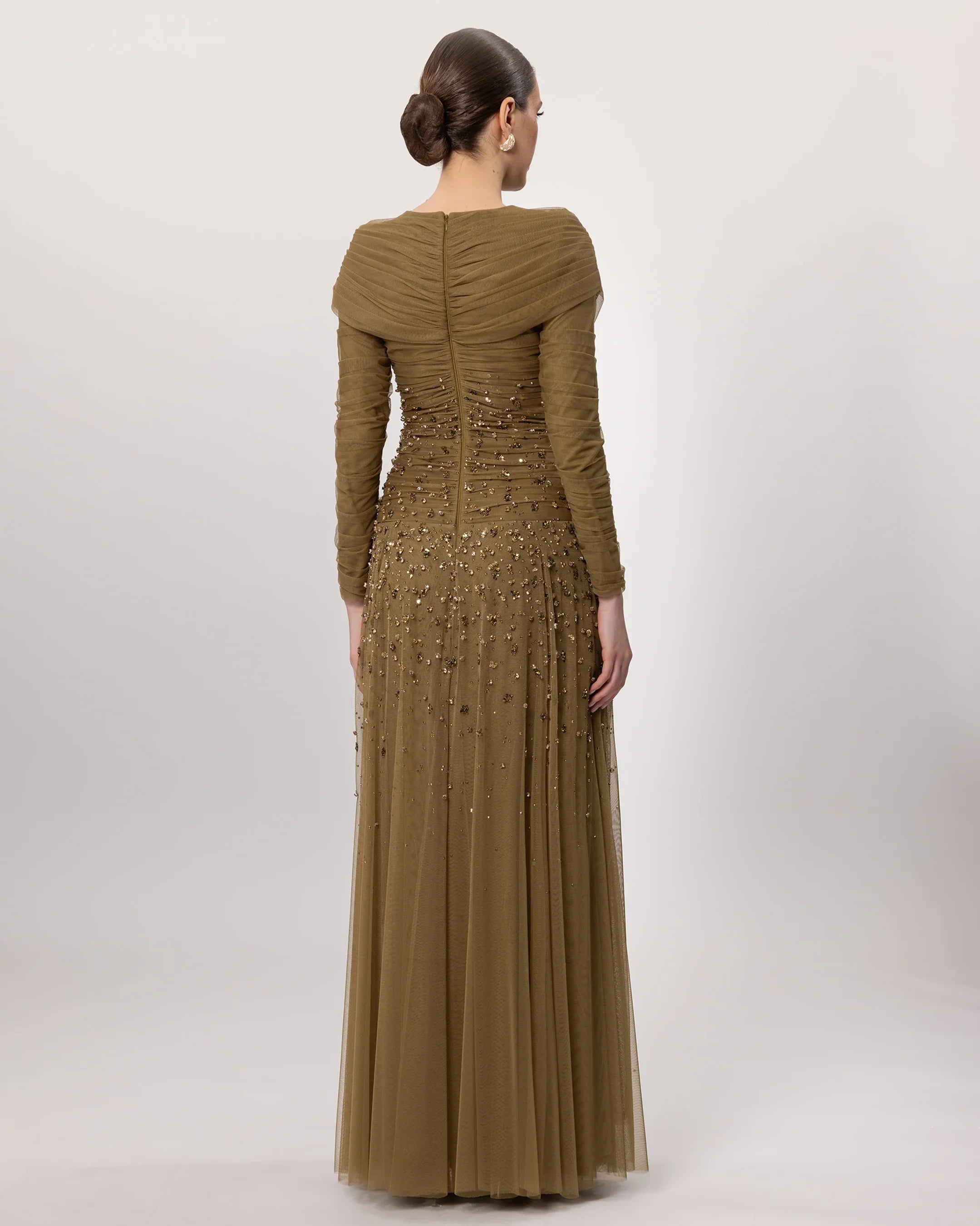 26205-Stone Embroidered Tulle Detailed Modest Evening Dress