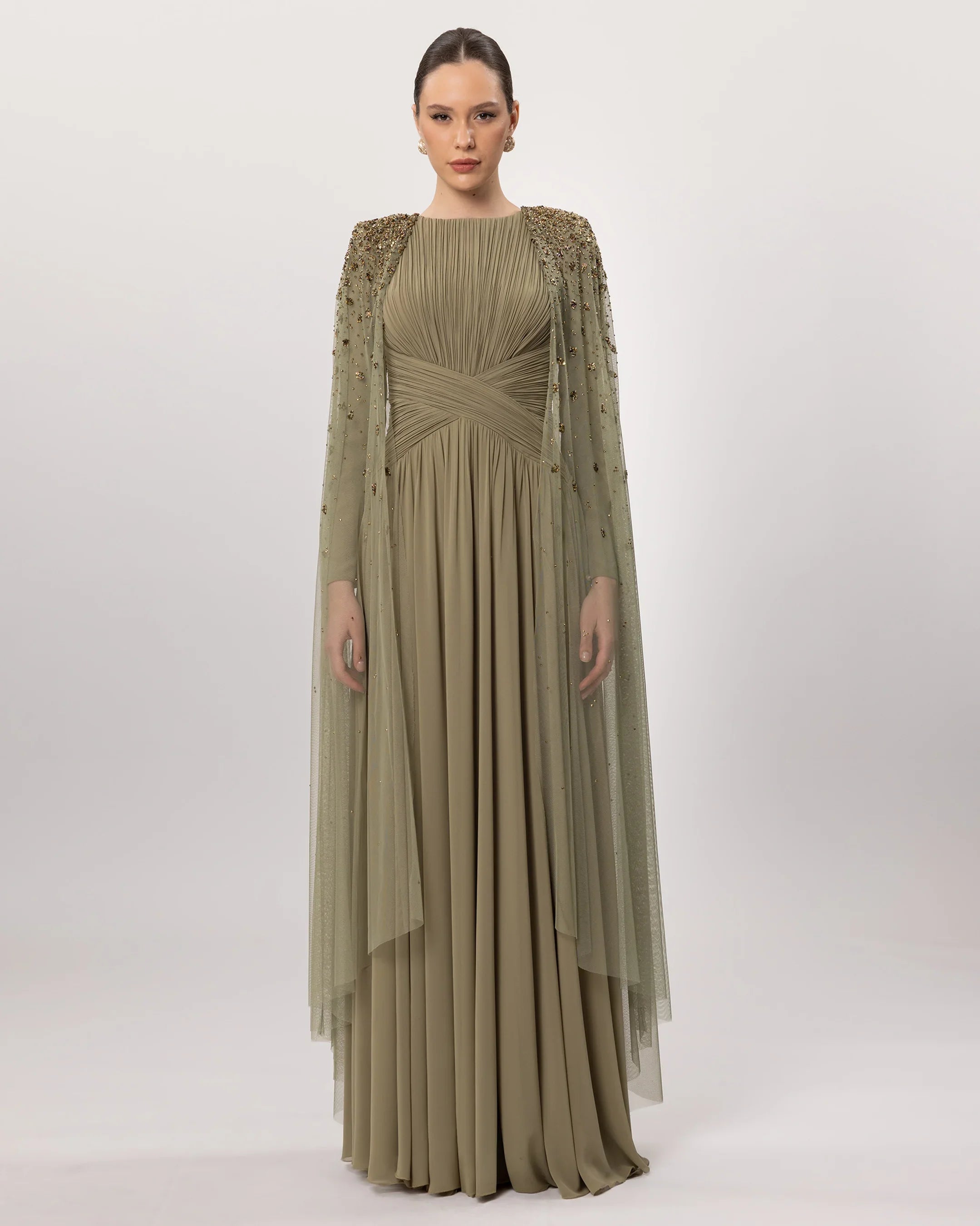 26206-Cape Detail Draped Modest Evening Dress