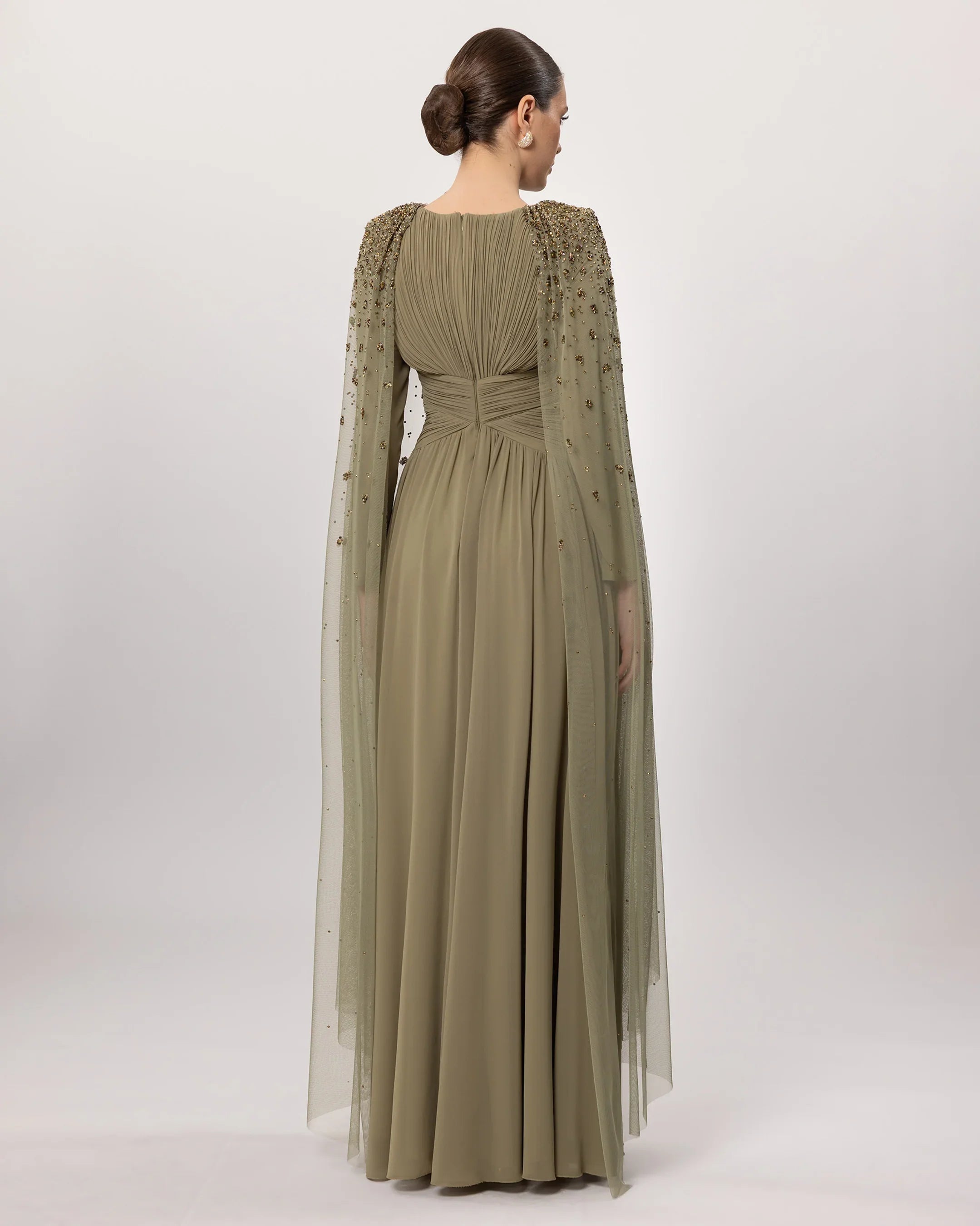 26206-Cape Detail Draped Modest Evening Dress