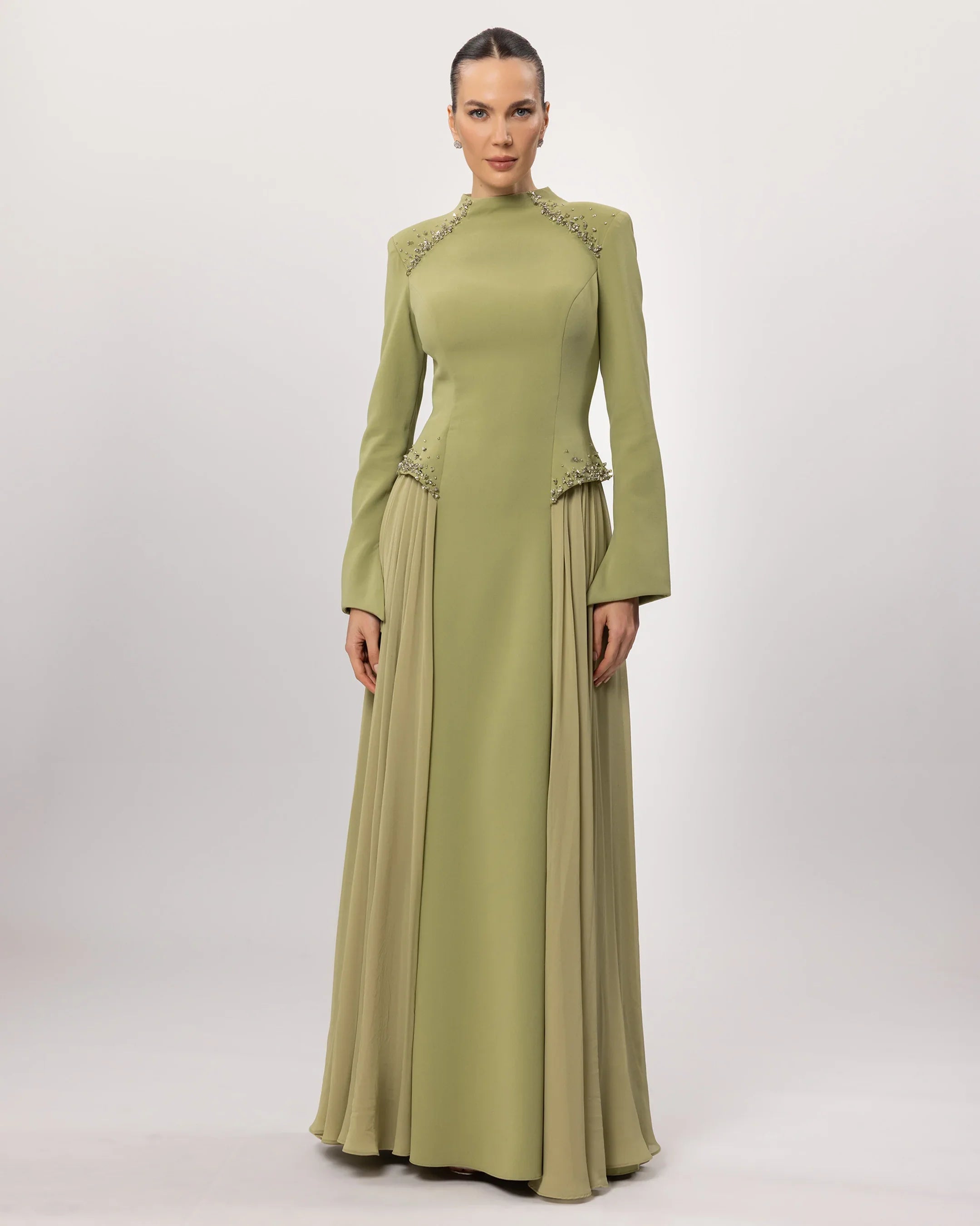 26207-Stand-up Collar Stone Embellished Modest Evening Dress