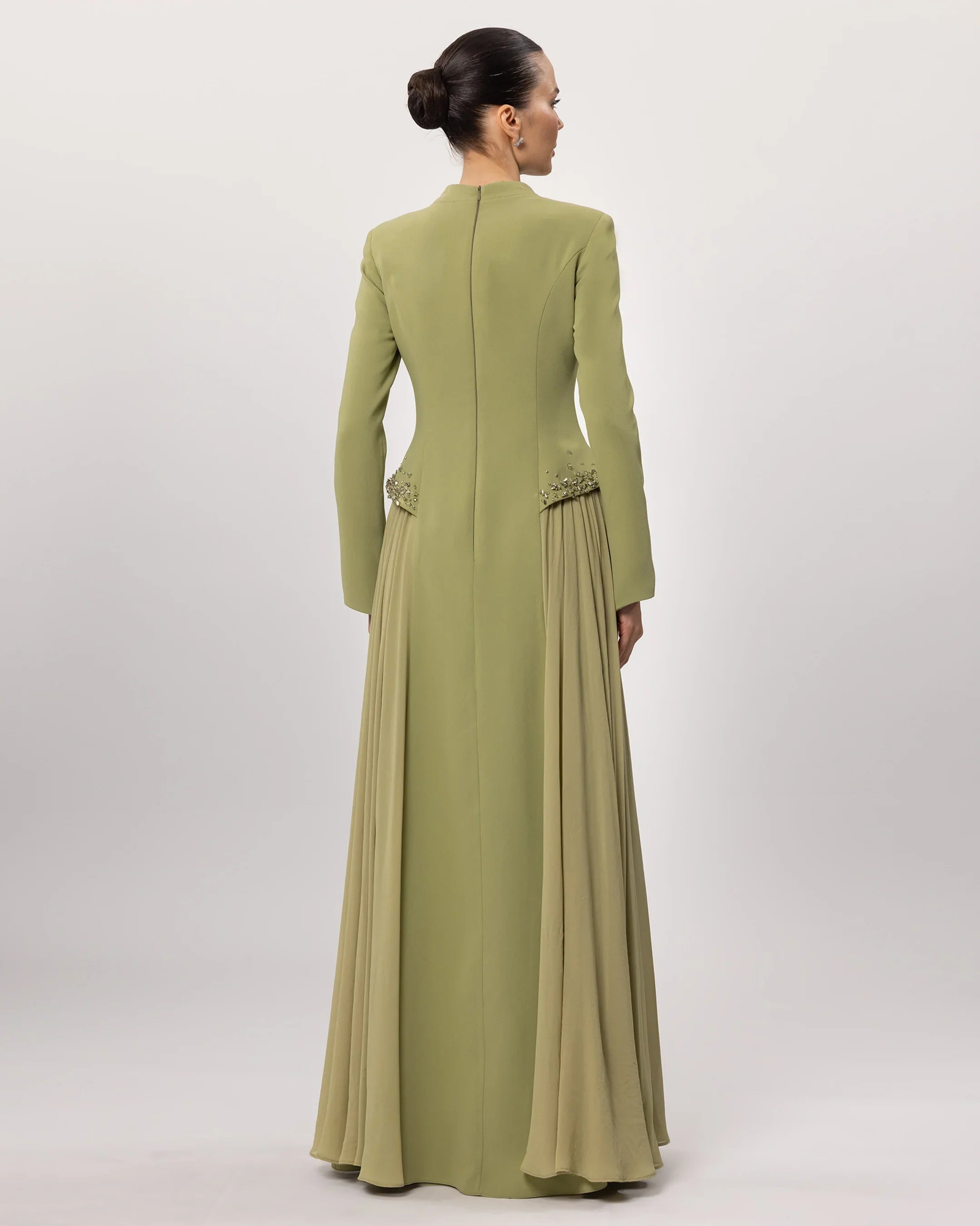 26207-Stand-up Collar Stone Embellished Modest Evening Dress