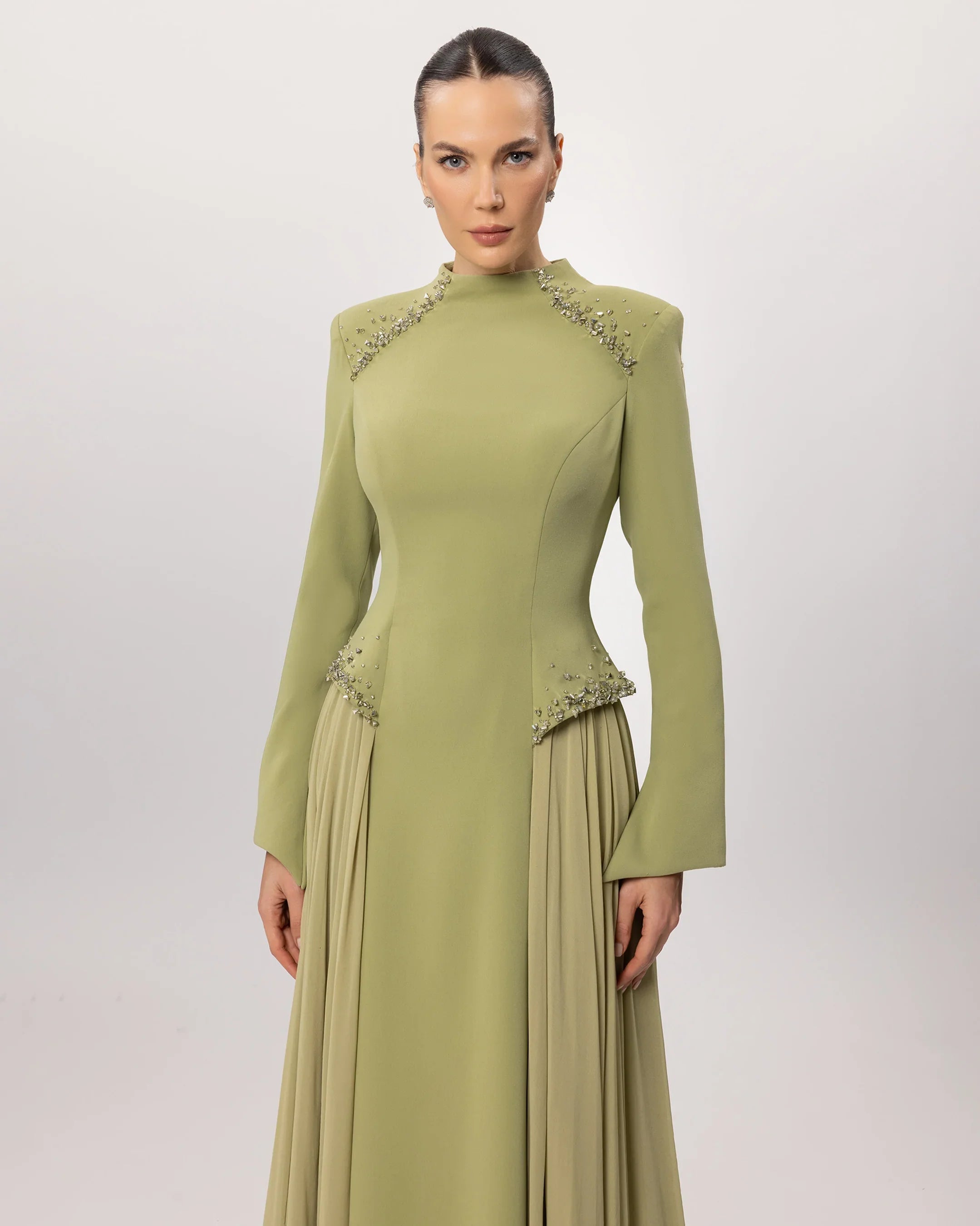 26207-Stand-up Collar Stone Embellished Modest Evening Dress