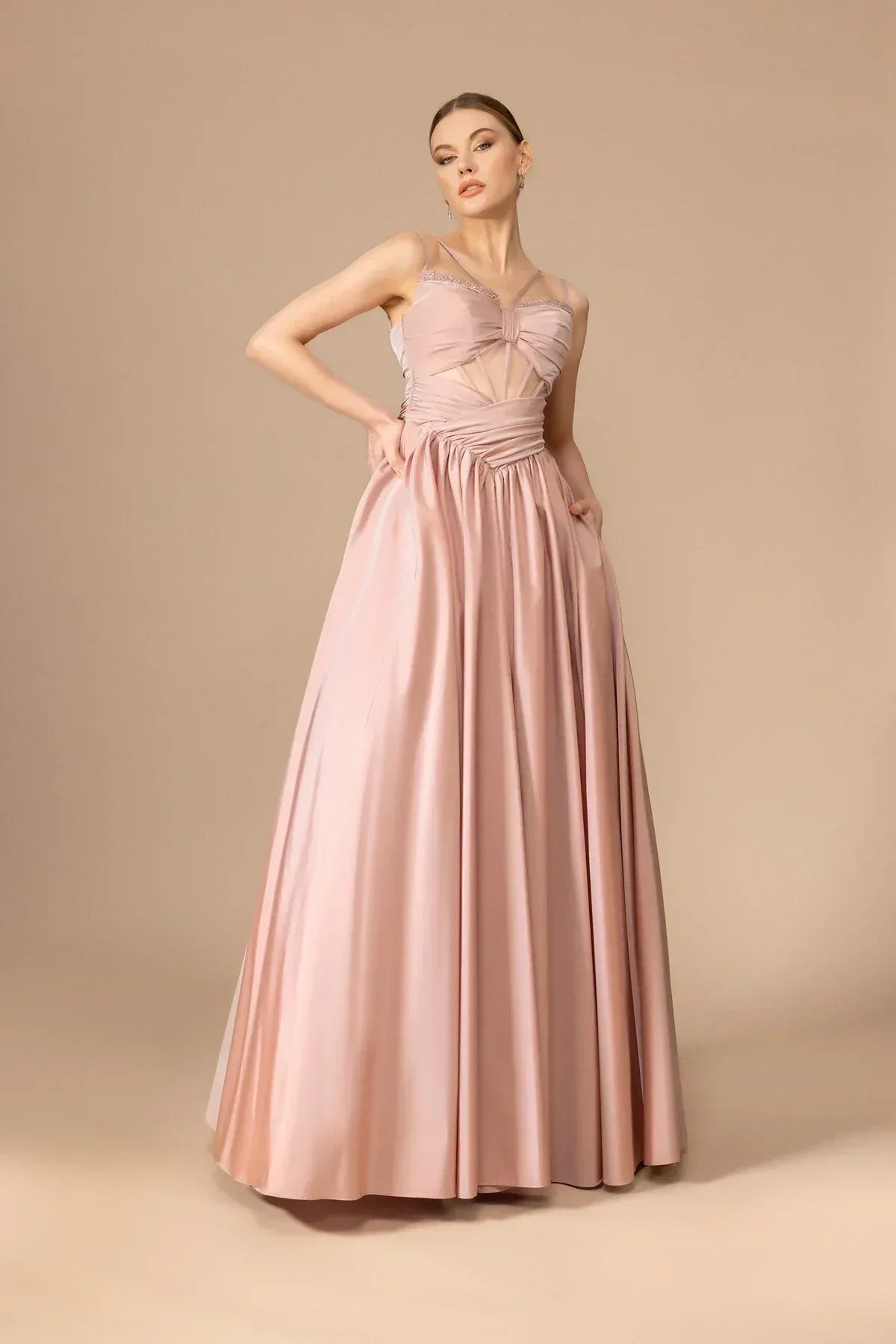 7001-Transparan Detaylı Uzun Elbise - Kenzel