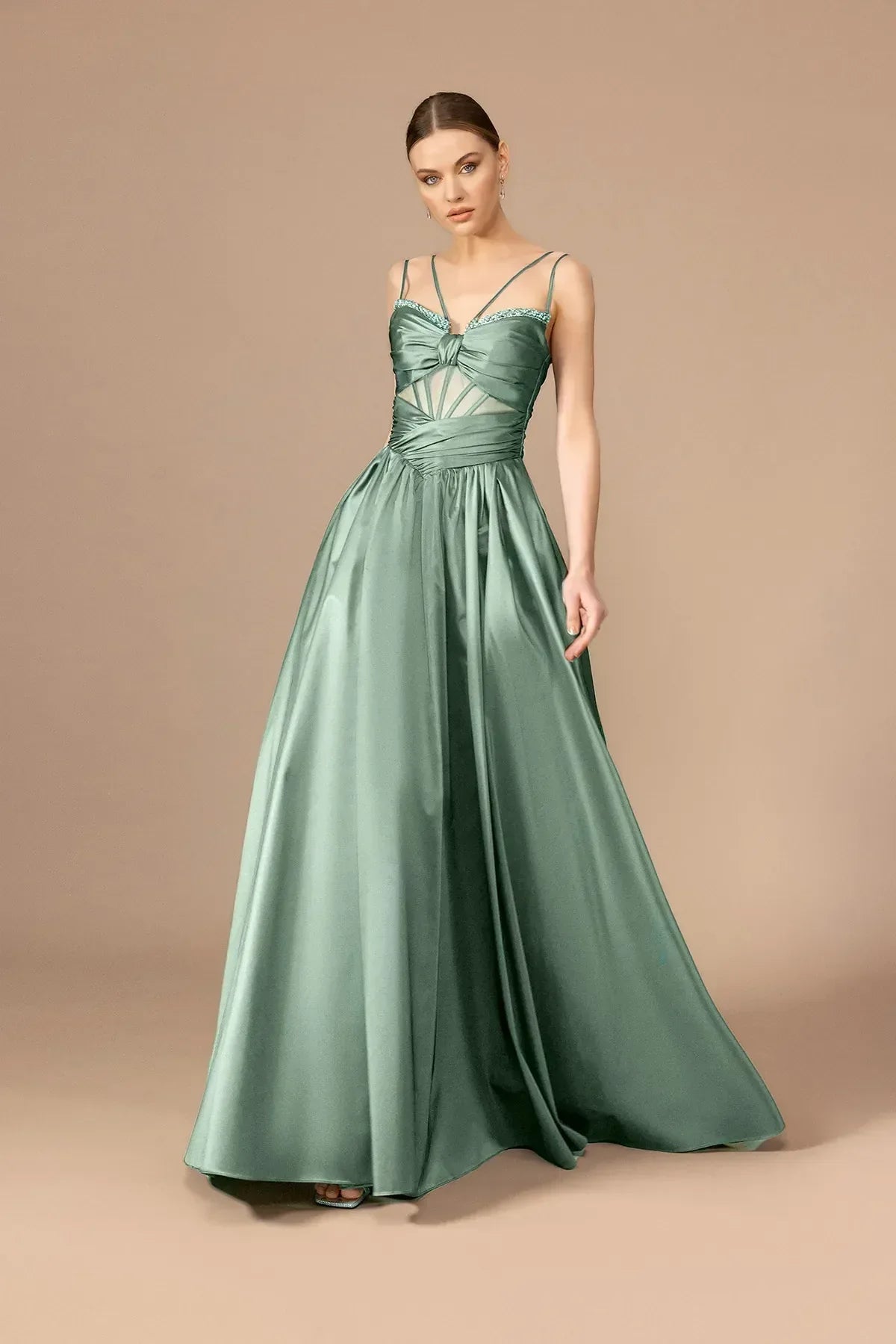 7001-Transparan Detaylı Uzun Elbise - Kenzel