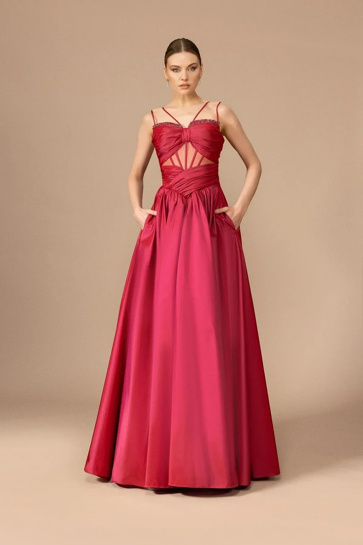 7001-Transparan Detaylı Uzun Elbise - Kenzel