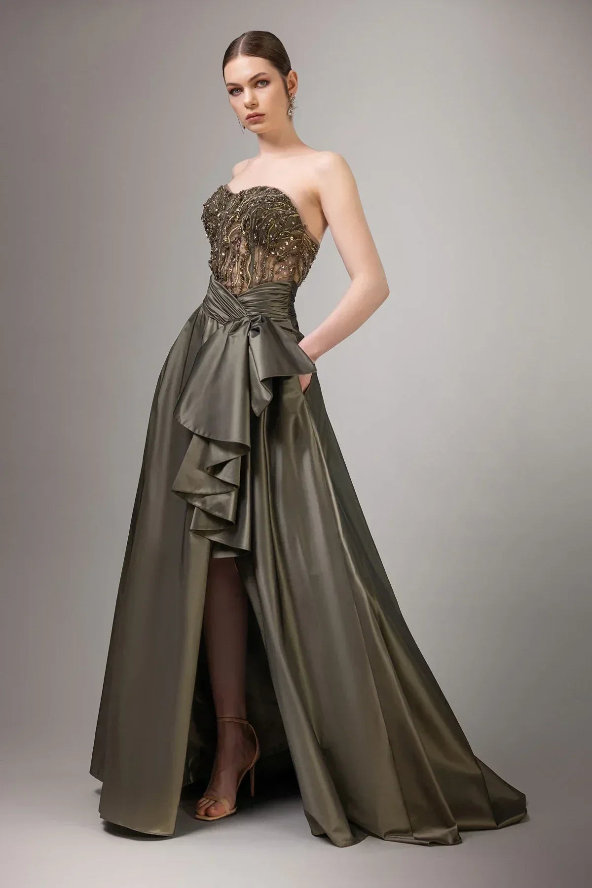 7002-Straplez Derin Yırtmaçlı Uzun Elbise - Kenzel