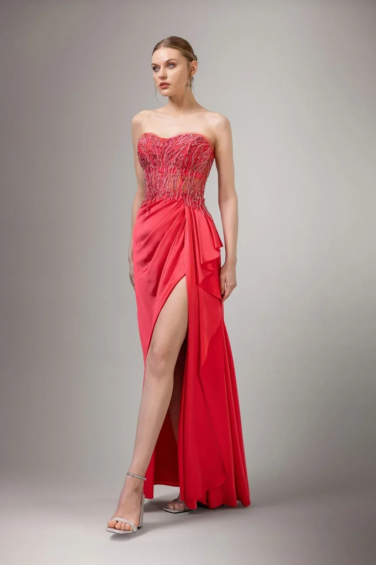 Straplez Yaka Derin Yırtmaç Uzun Elbise 7003 - Kenzel