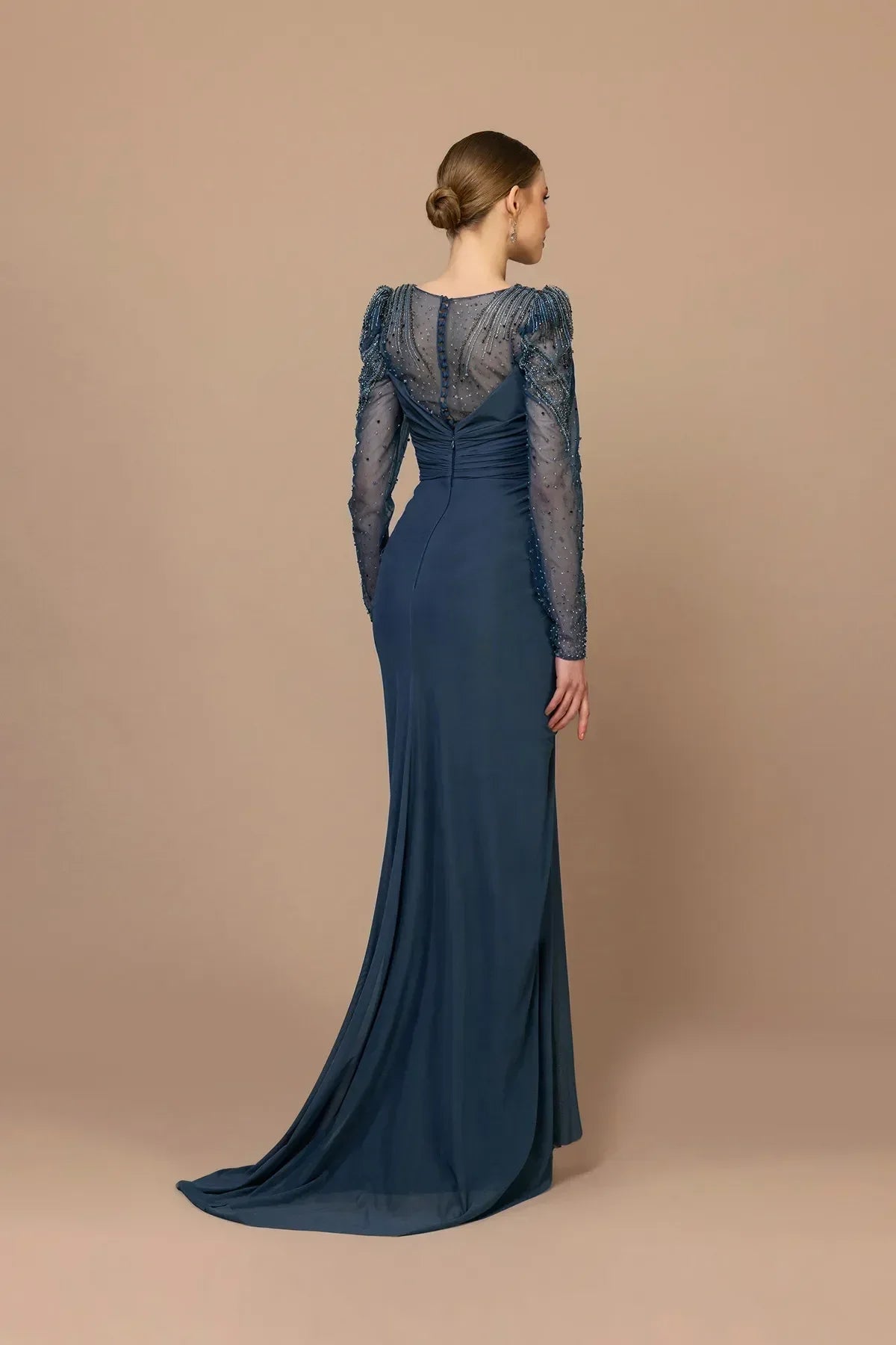 7011-Transparan Kol Yırtmaçlı Uzun Elbise - Kenzel