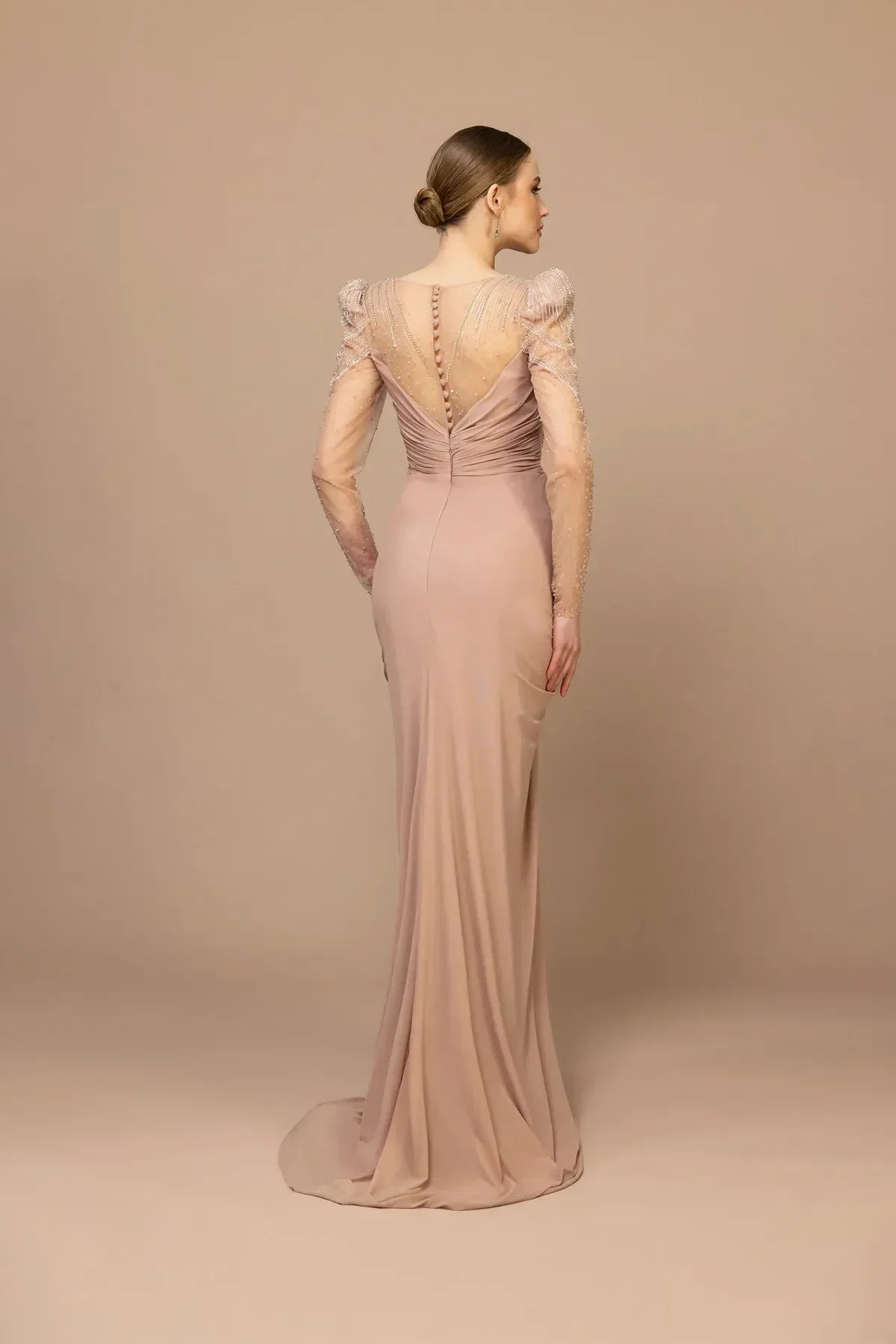 7011-Transparan Kol Yırtmaçlı Uzun Elbise - Kenzel