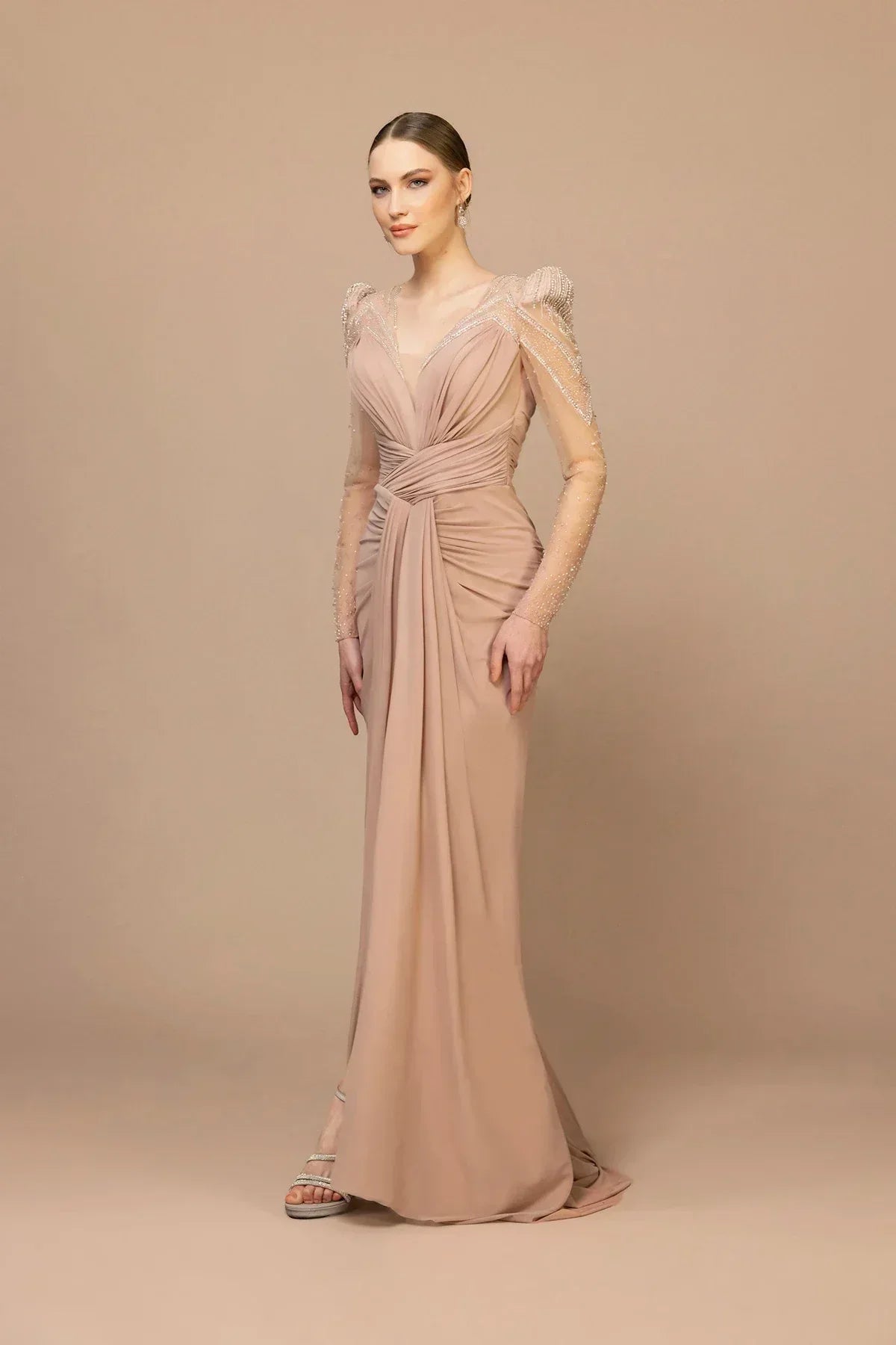 7011-Transparan Kol Yırtmaçlı Uzun Elbise - Kenzel