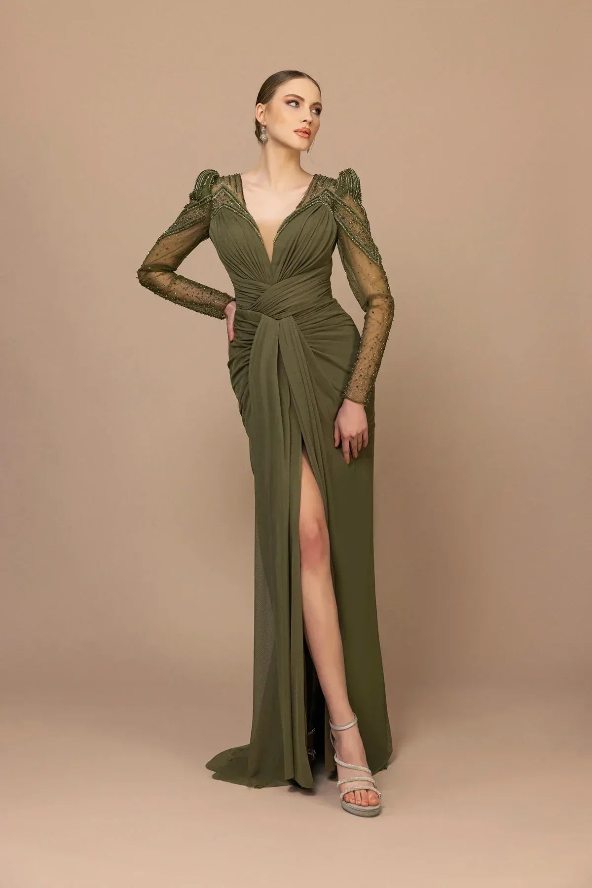 7011-Transparan Kol Yırtmaçlı Uzun Elbise - Kenzel