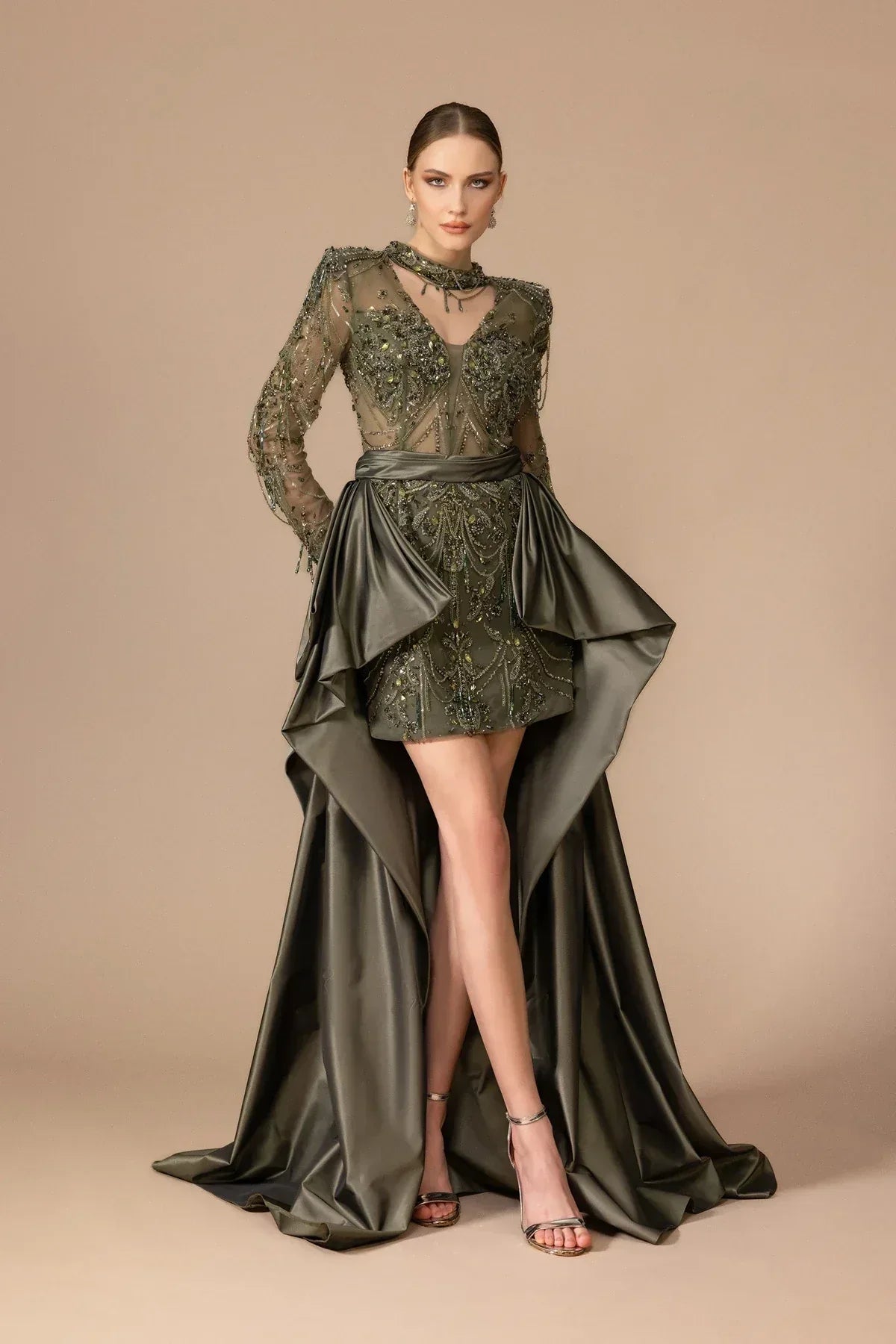 7037-İşlemeli Önü Kısa Arkası Uzun Elbise - Kenzel