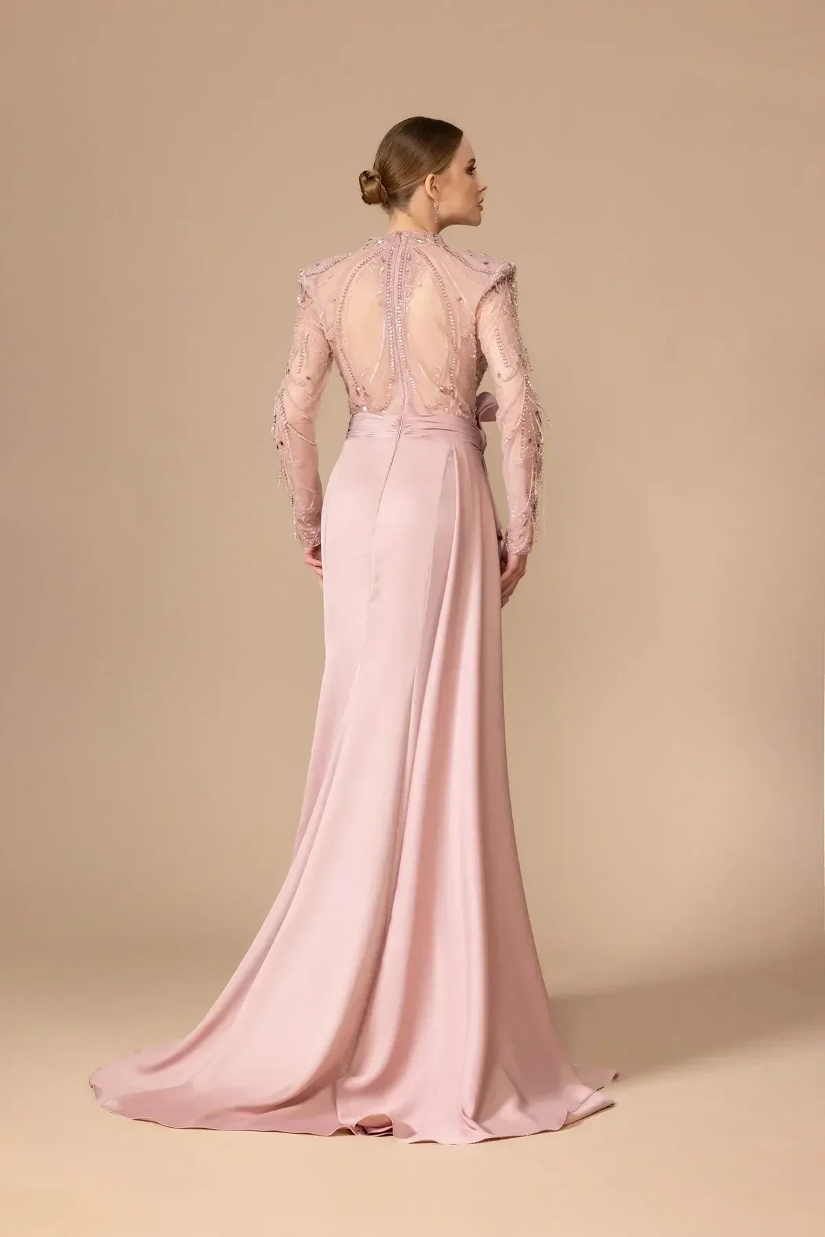 7039 - Uzun Kollu Yırtmaçlı Uzun Elbise - Kenzel