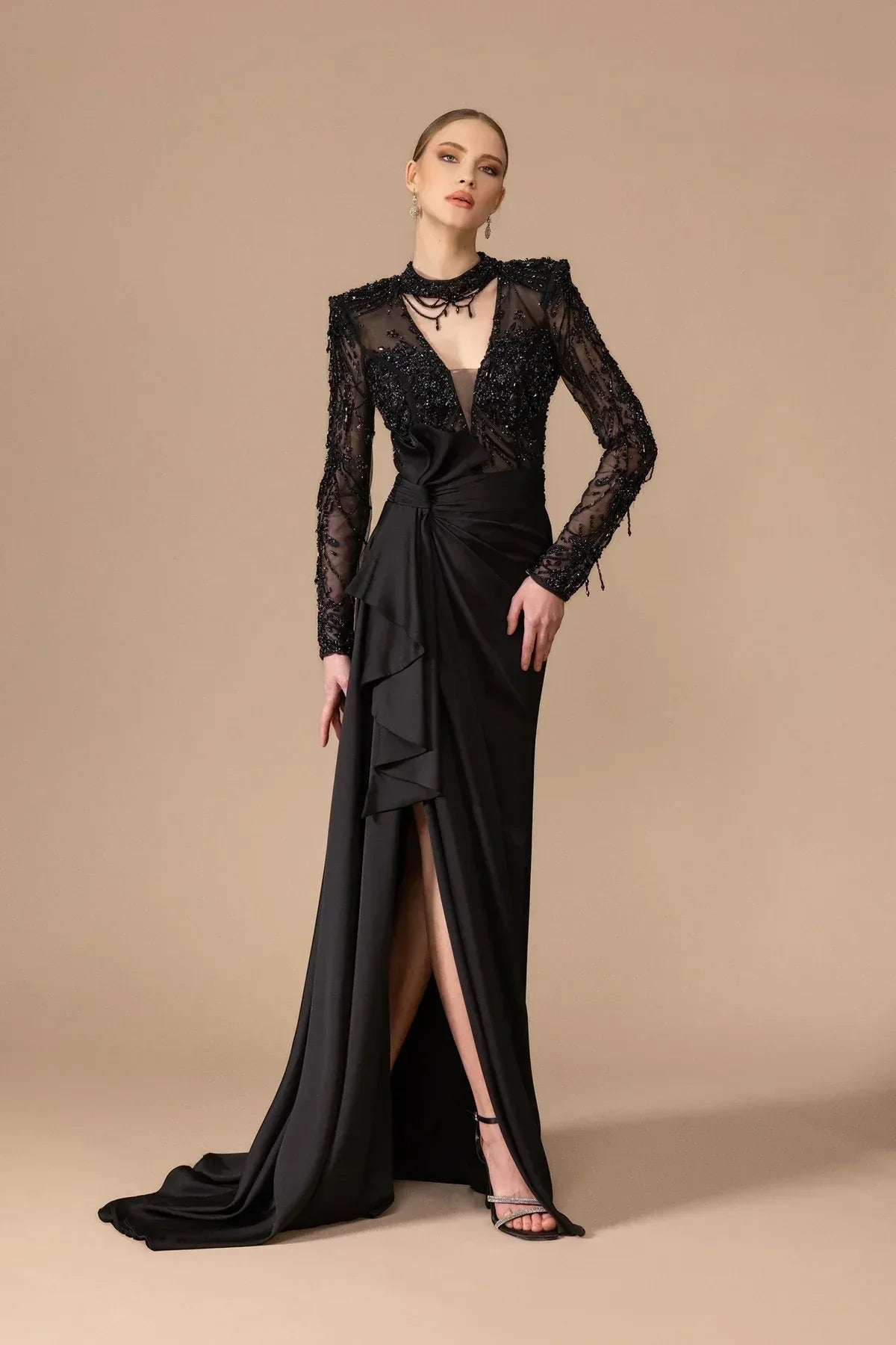 7039 - Uzun Kollu Yırtmaçlı Uzun Elbise - Kenzel