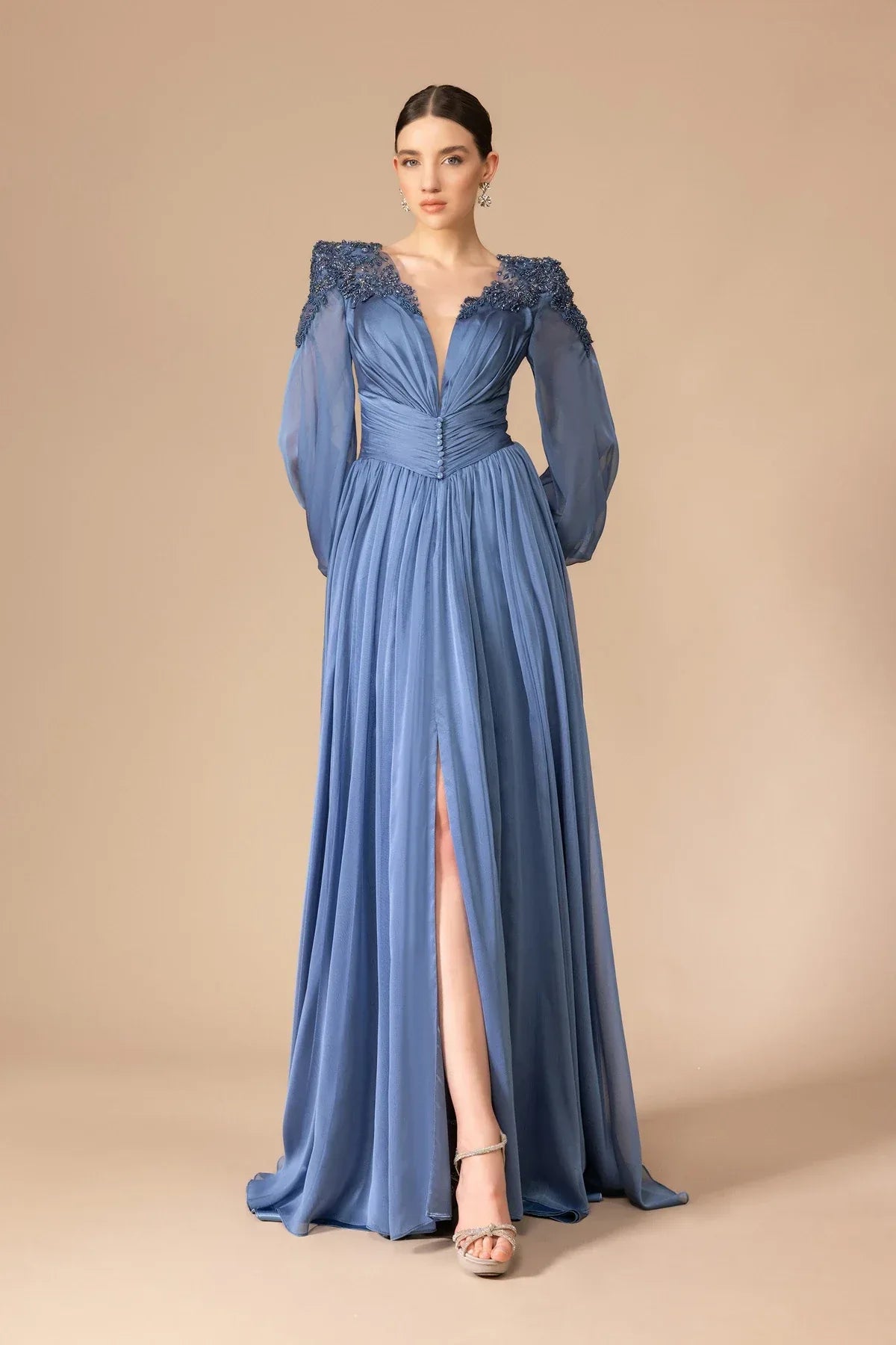 7060-Transparan Uzun Kol Uzun Abiye Elbise - Kenzel