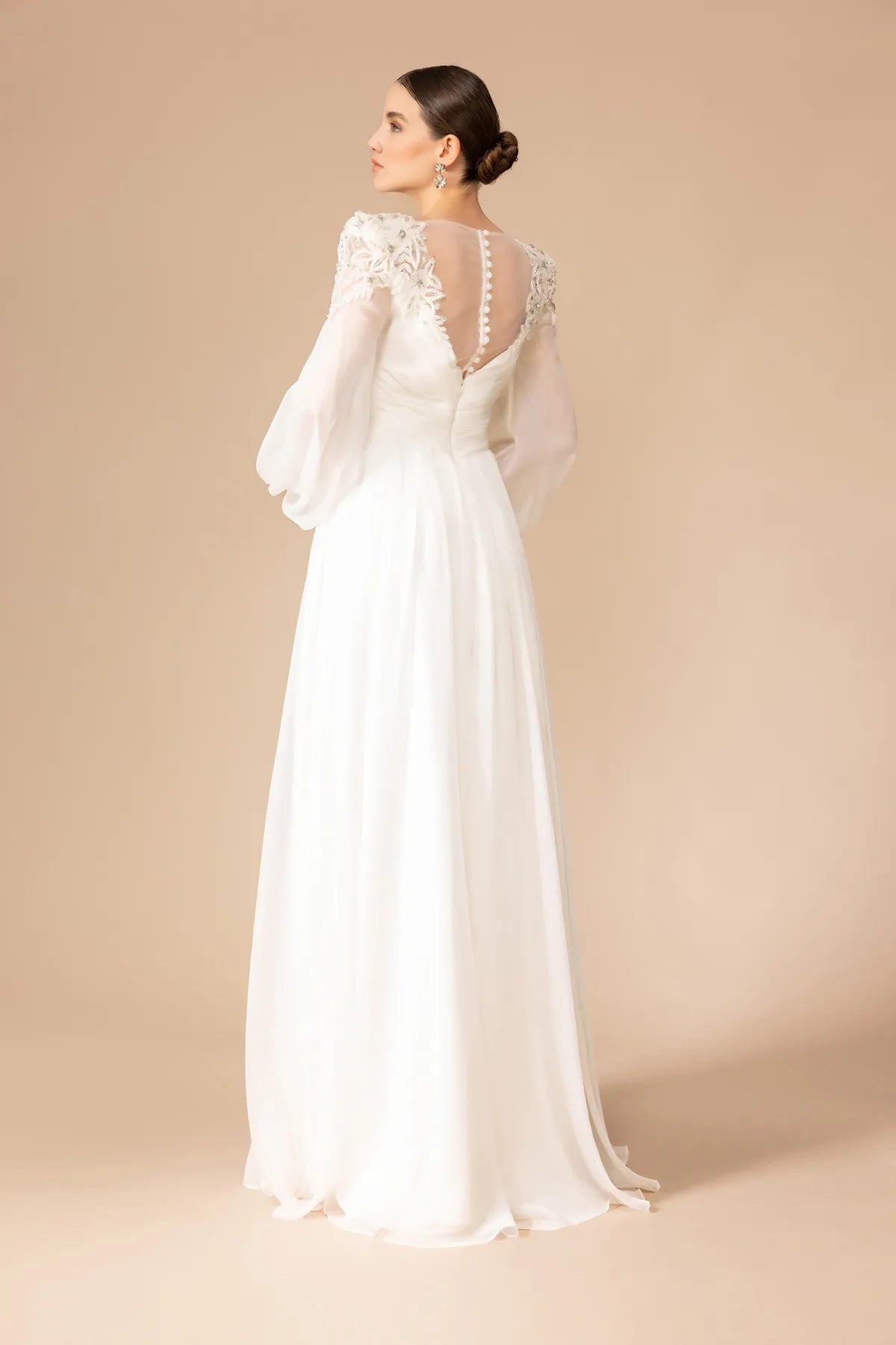 7060-Transparan Uzun Kol Uzun Abiye Elbise