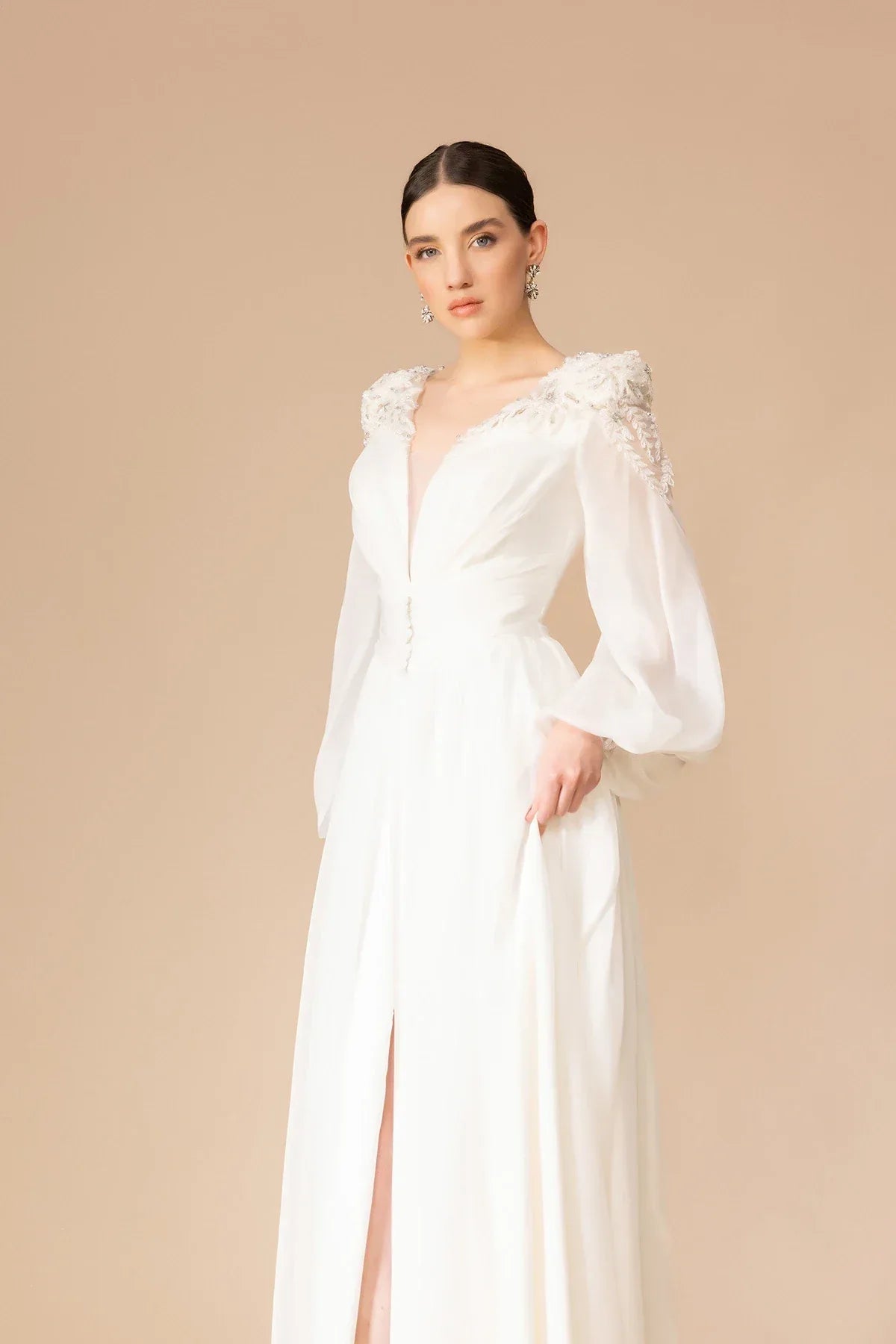 7060-Transparan Uzun Kol Uzun Abiye Elbise - Kenzel