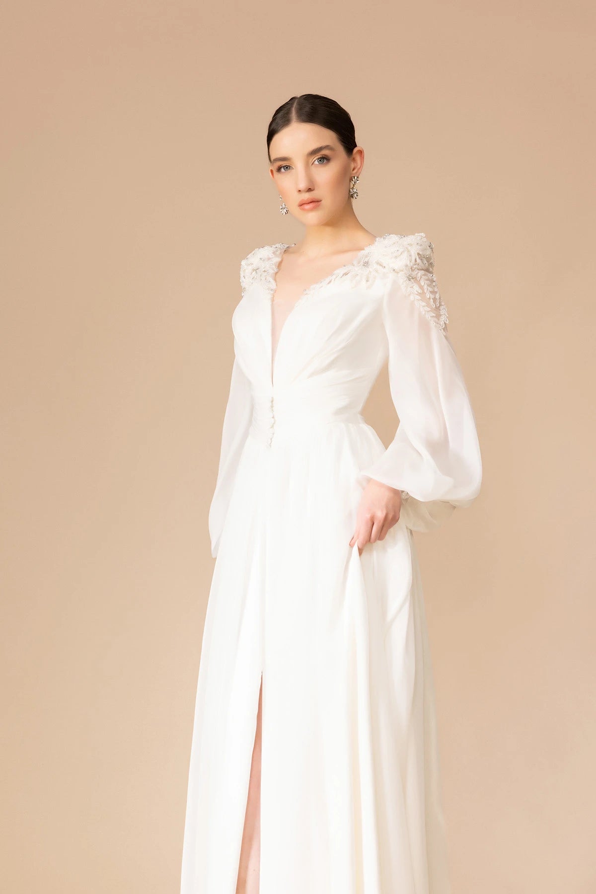 7060-Transparan Uzun Kol Uzun Abiye Elbise