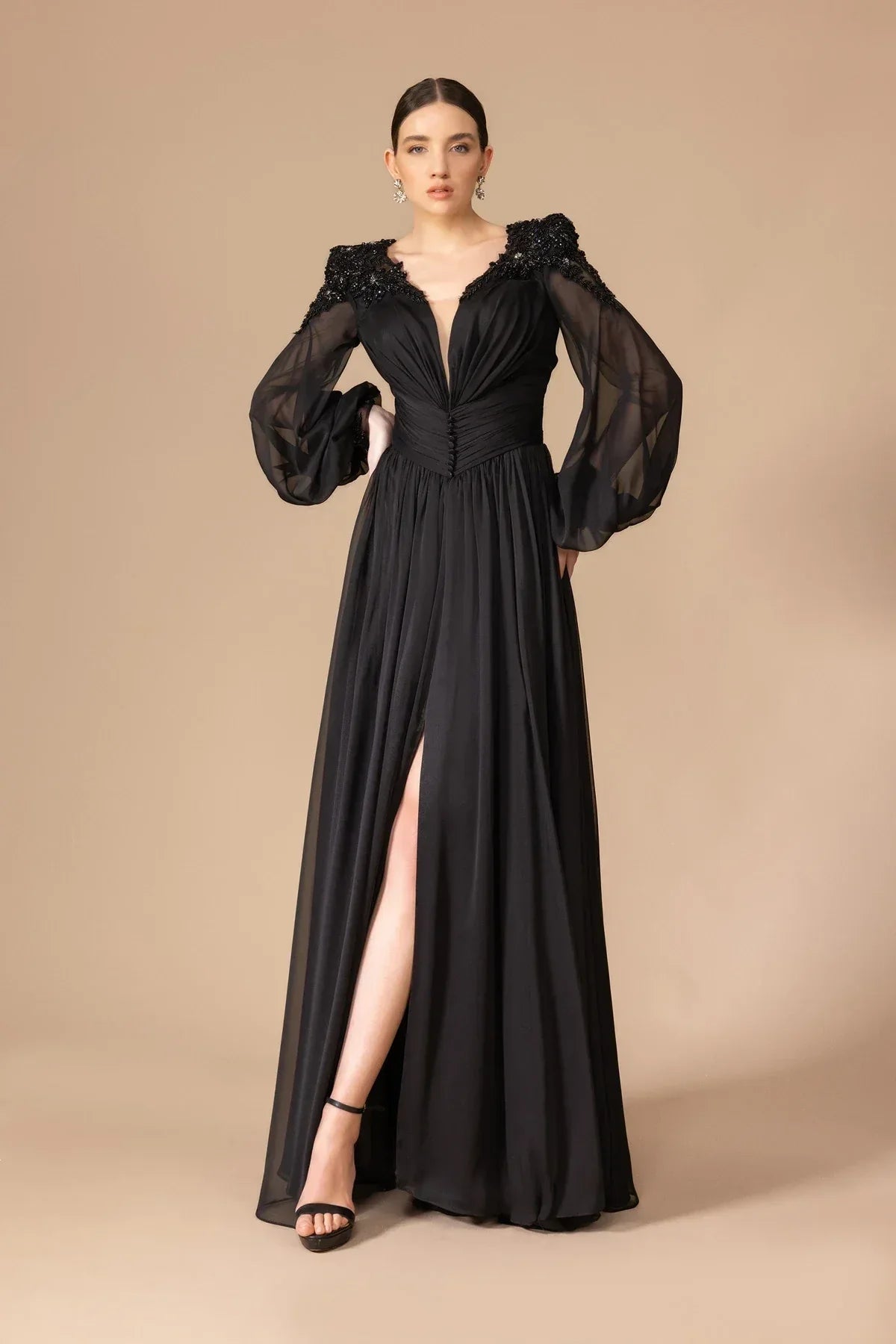 7060-Transparan Uzun Kol Uzun Abiye Elbise - Kenzel