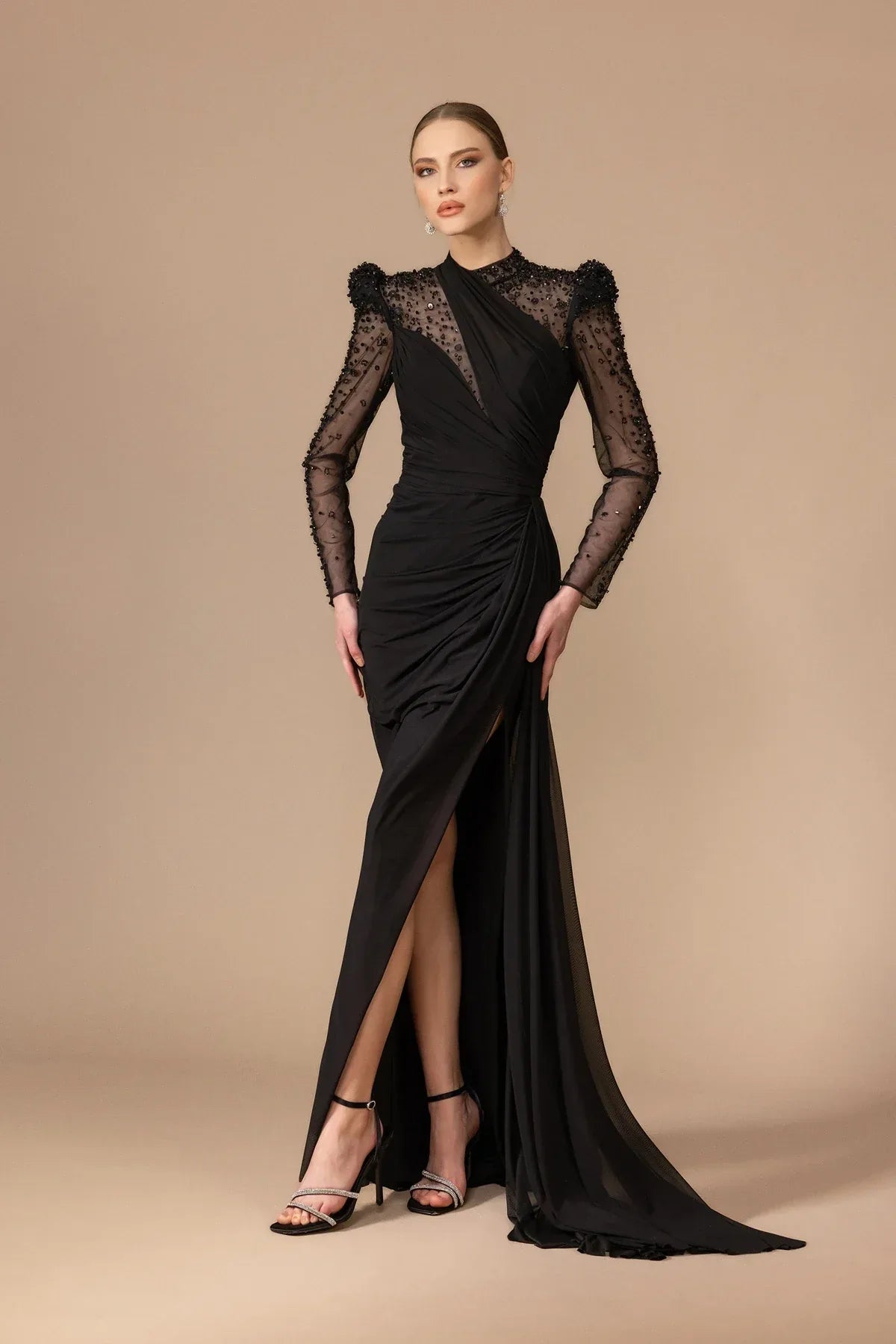 Transparan Uzun Kollu Yırtmaçlı Uzun Abiye Elbise 7065 - Kenzel