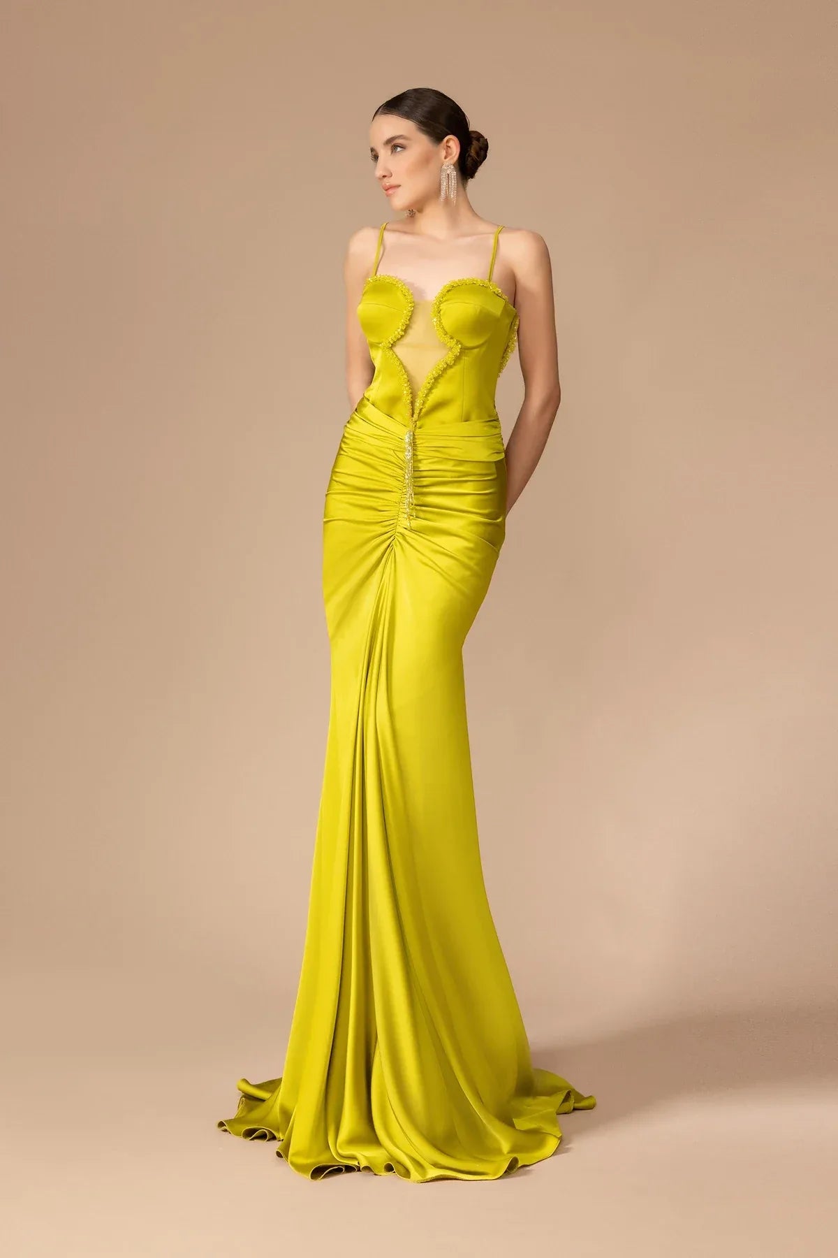 7078-Göğüs Dekolteli Askılı Drapeli Uzun Elbise - Kenzel