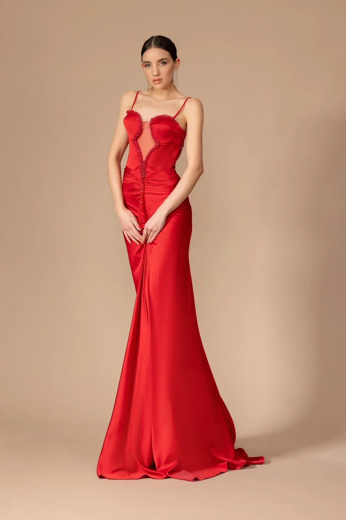 7078-Göğüs Dekolteli Askılı Drapeli Uzun Elbise - Kenzel