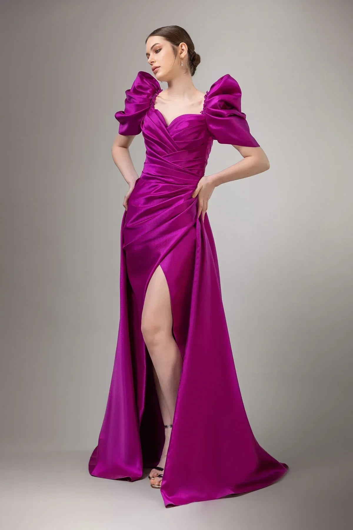 7094-Long Evening Dress with Balloon Sleeves and Deep Slit