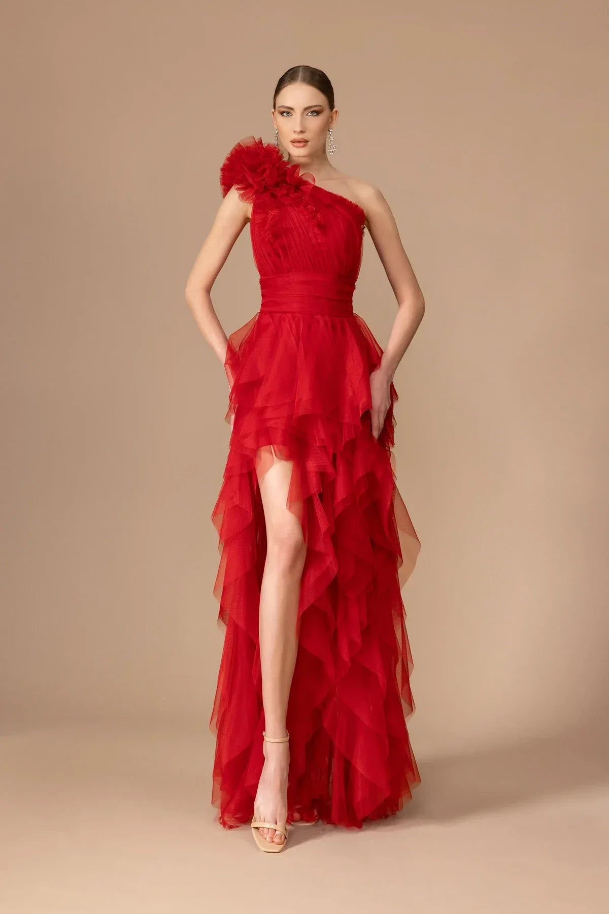 Fırfır Detaylı Tek Omuz Uzun Tül Elbise 7101 - Kenzel