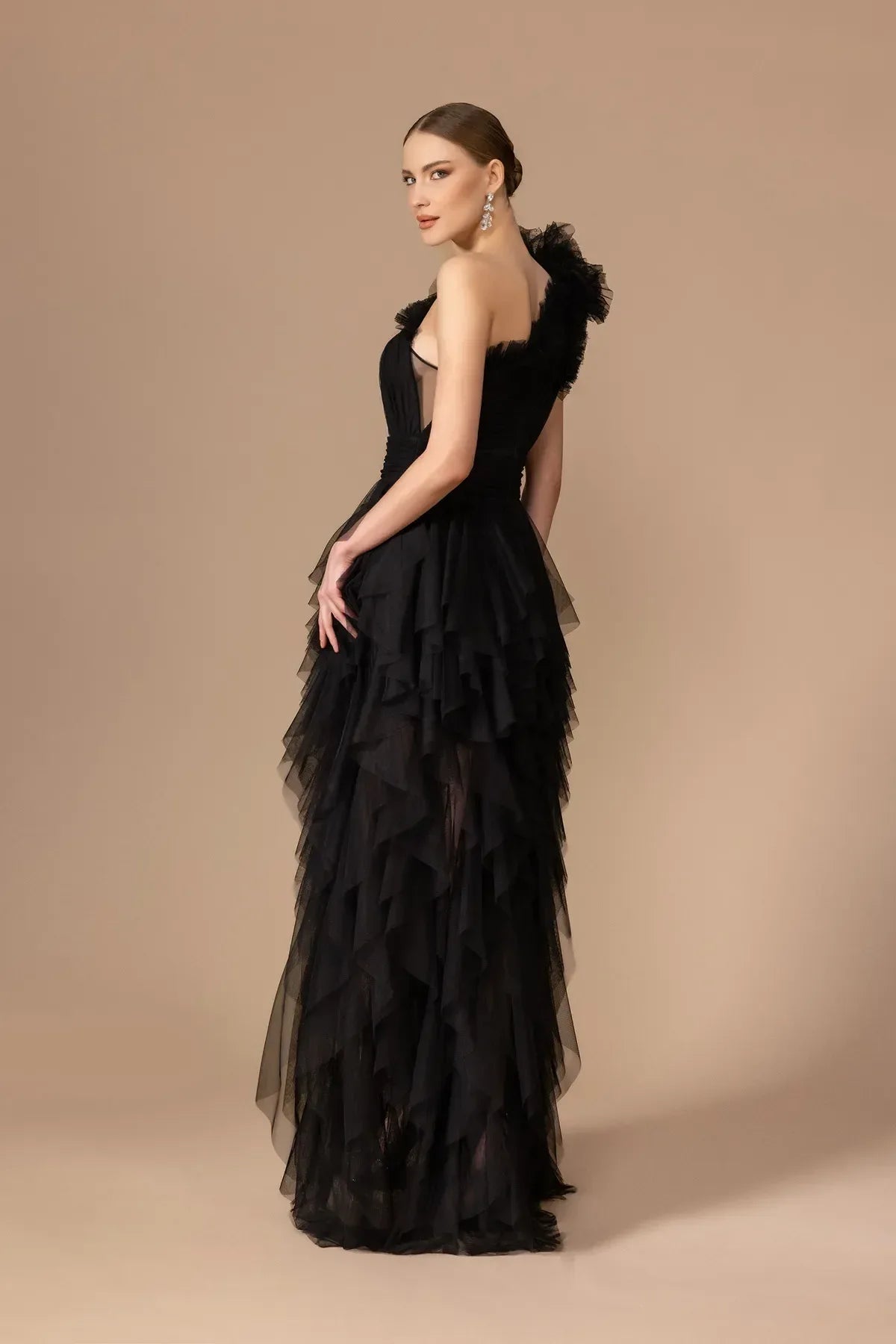 Fırfır Detaylı Tek Omuz Uzun Tül Elbise 7101 - Kenzel