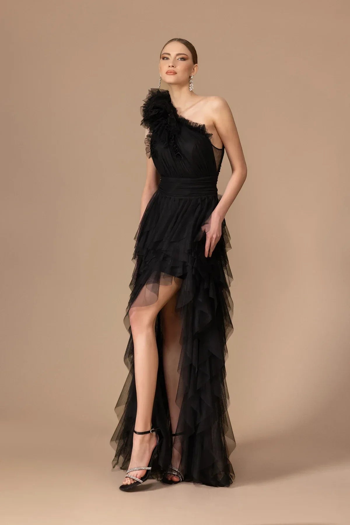 Fırfır Detaylı Tek Omuz Uzun Tül Elbise 7101 - Kenzel