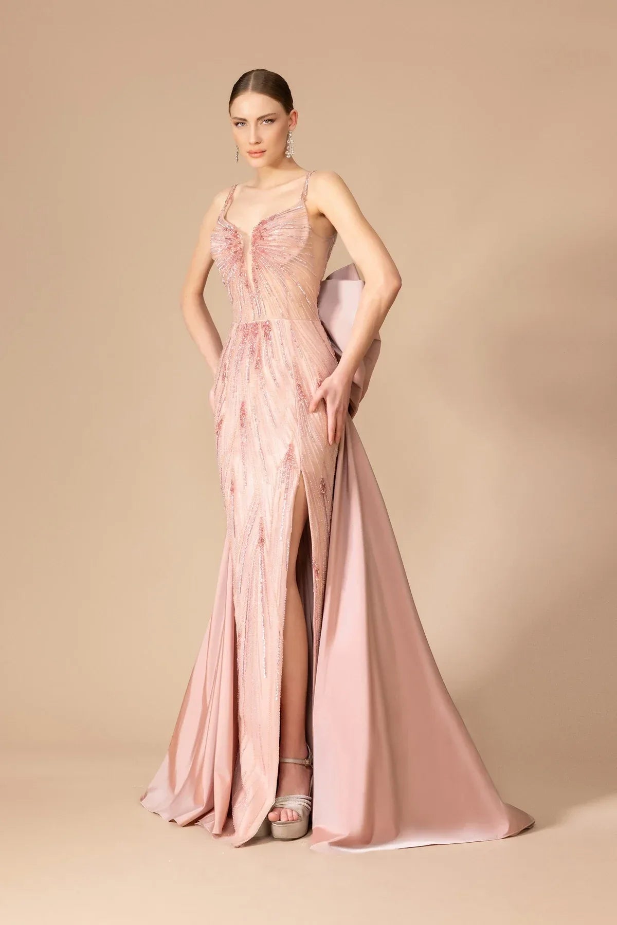 Askılı İşleme Kumaş Fiyonk Detaylı Uzun Elbise 7105 - Kenzel