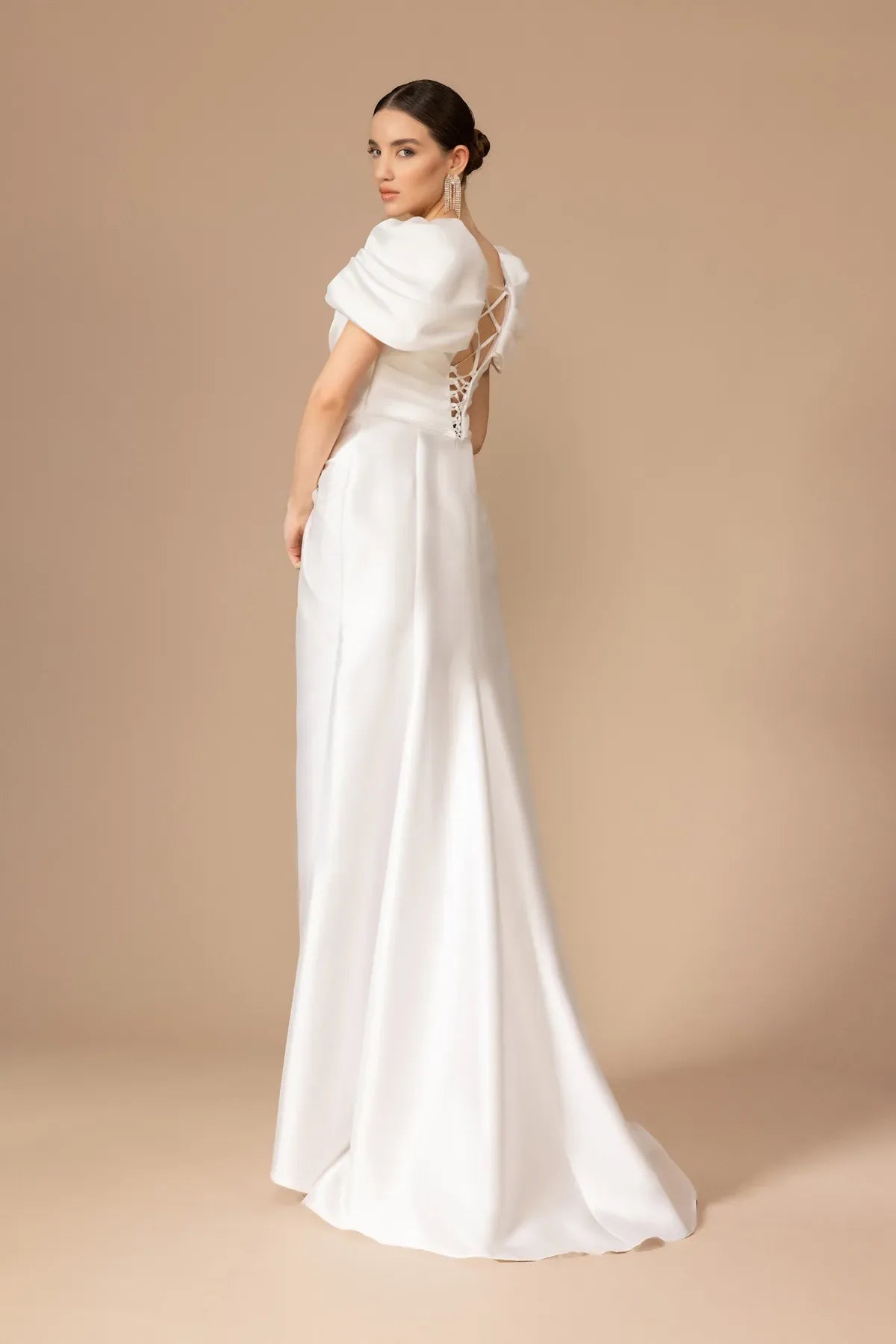 7122-Yaka İşleme Detaylı Yırtmaçlı Uzun Elbise - Kenzel