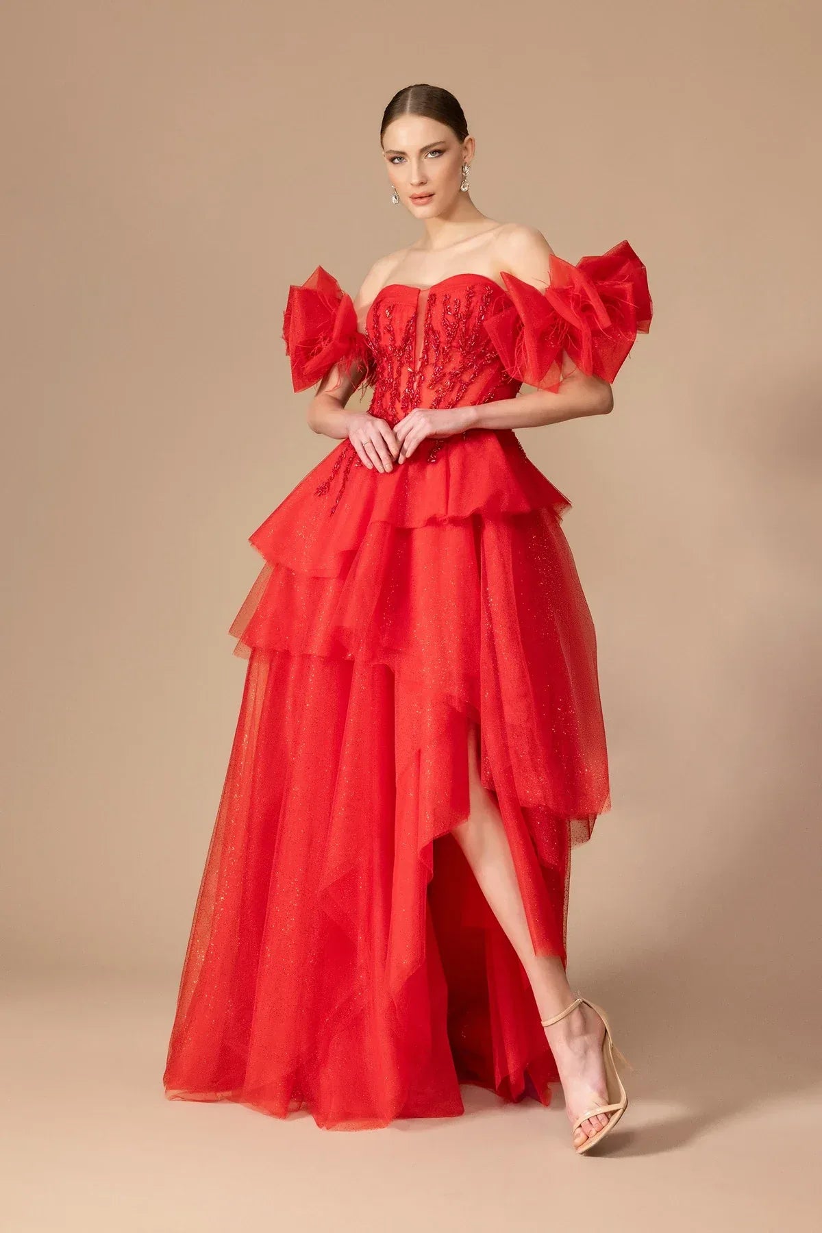 7125-İşleme Detaylı Kabarık Uzun Elbise - Kenzel