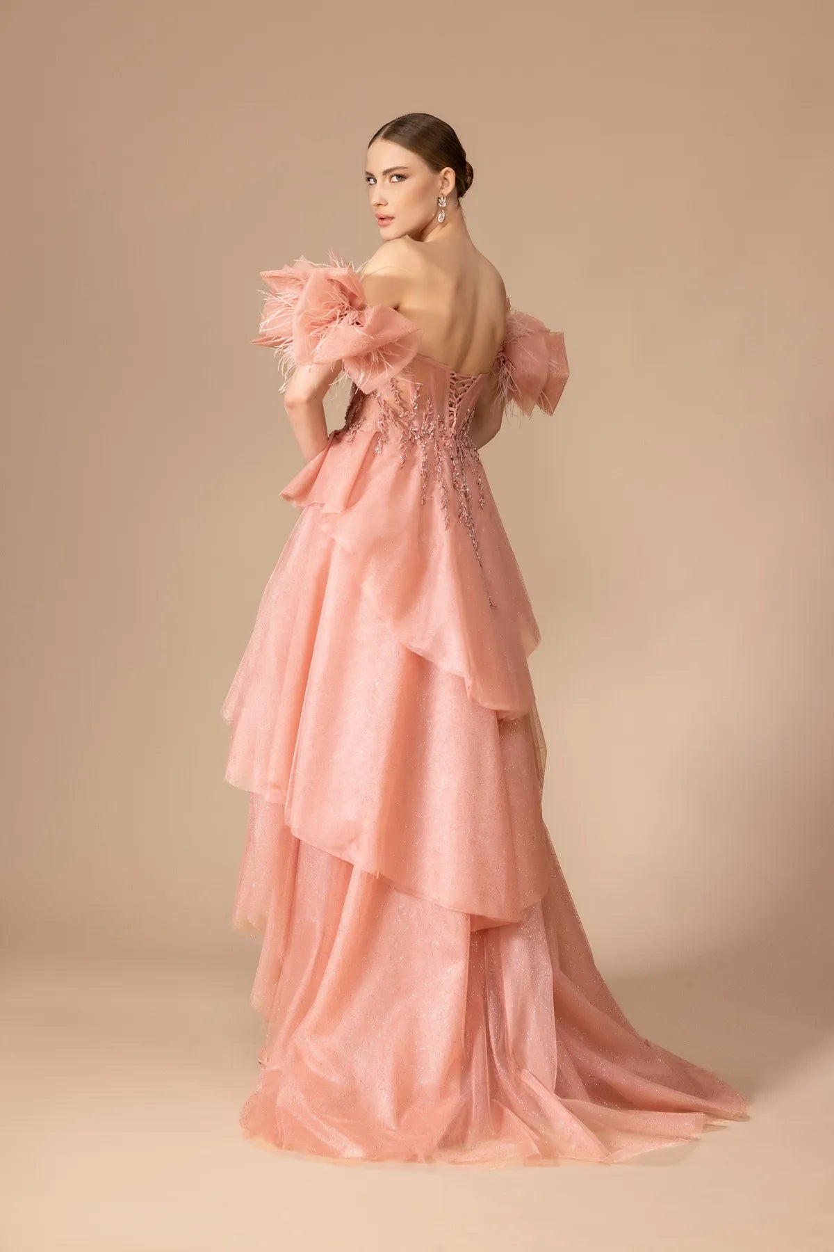 7125-İşleme Detaylı Kabarık Uzun Elbise