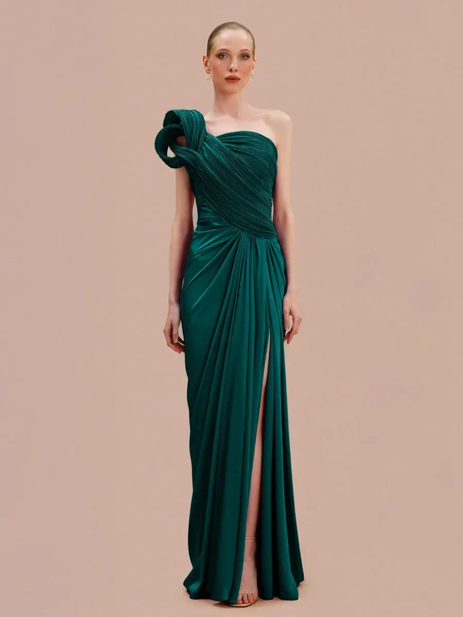 7157-Tek Omuz Drapeli Yırtmaçlı Uzun Abiye Elbise - Kenzel