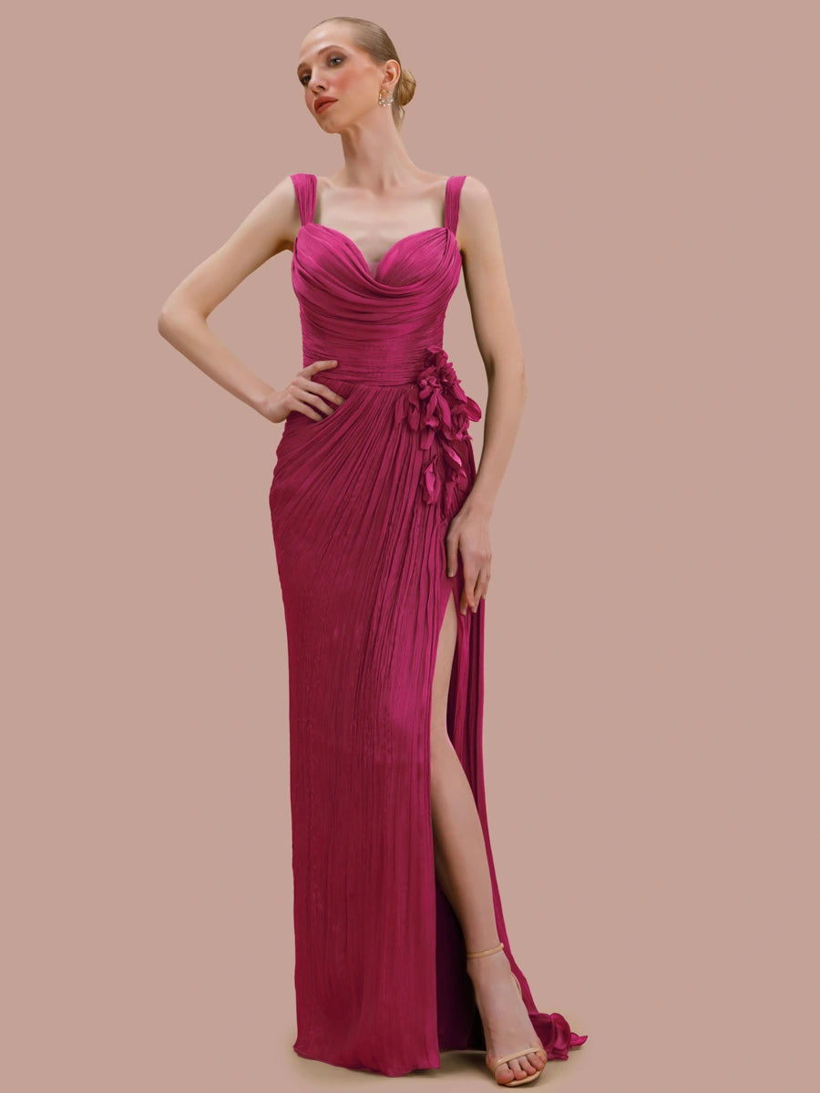 7158-Kapl Yaka Çiçek Detaylı Fit Piliseli Abiye Elbise