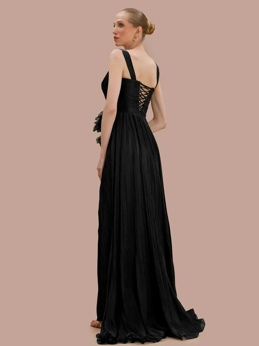 7158-Kapl Yaka Çiçek Detaylı Fit Piliseli Abiye Elbise - Kenzel