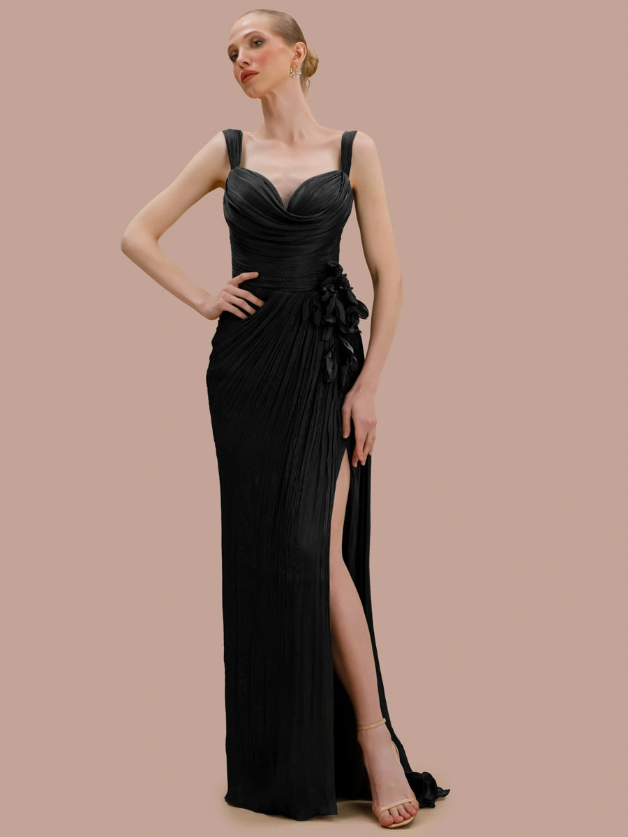 7158-Kapl Yaka Çiçek Detaylı Fit Piliseli Abiye Elbise