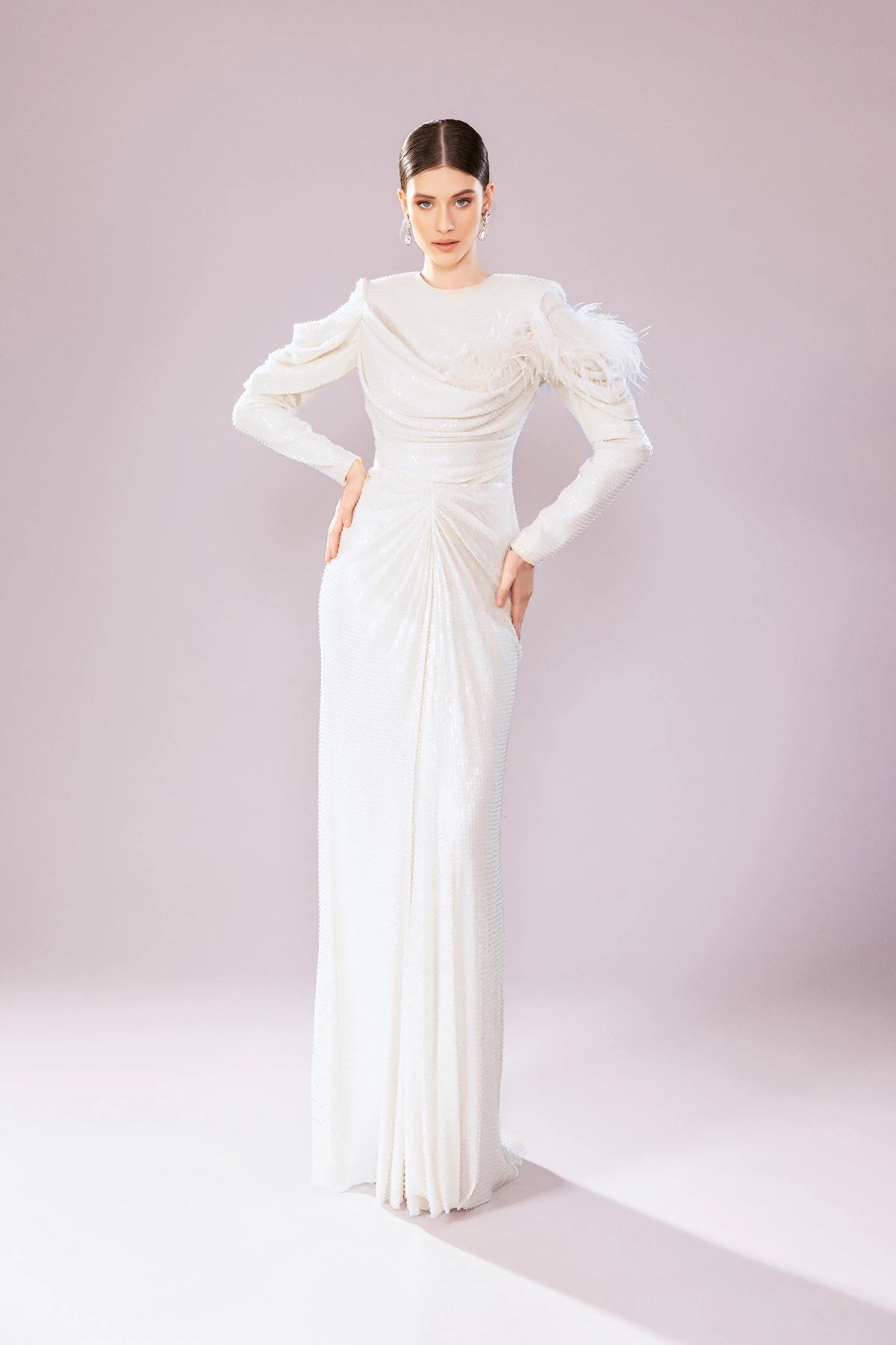 7202-Otrişli Payet Kumaş Uzun Tesettür Abiye Elbise