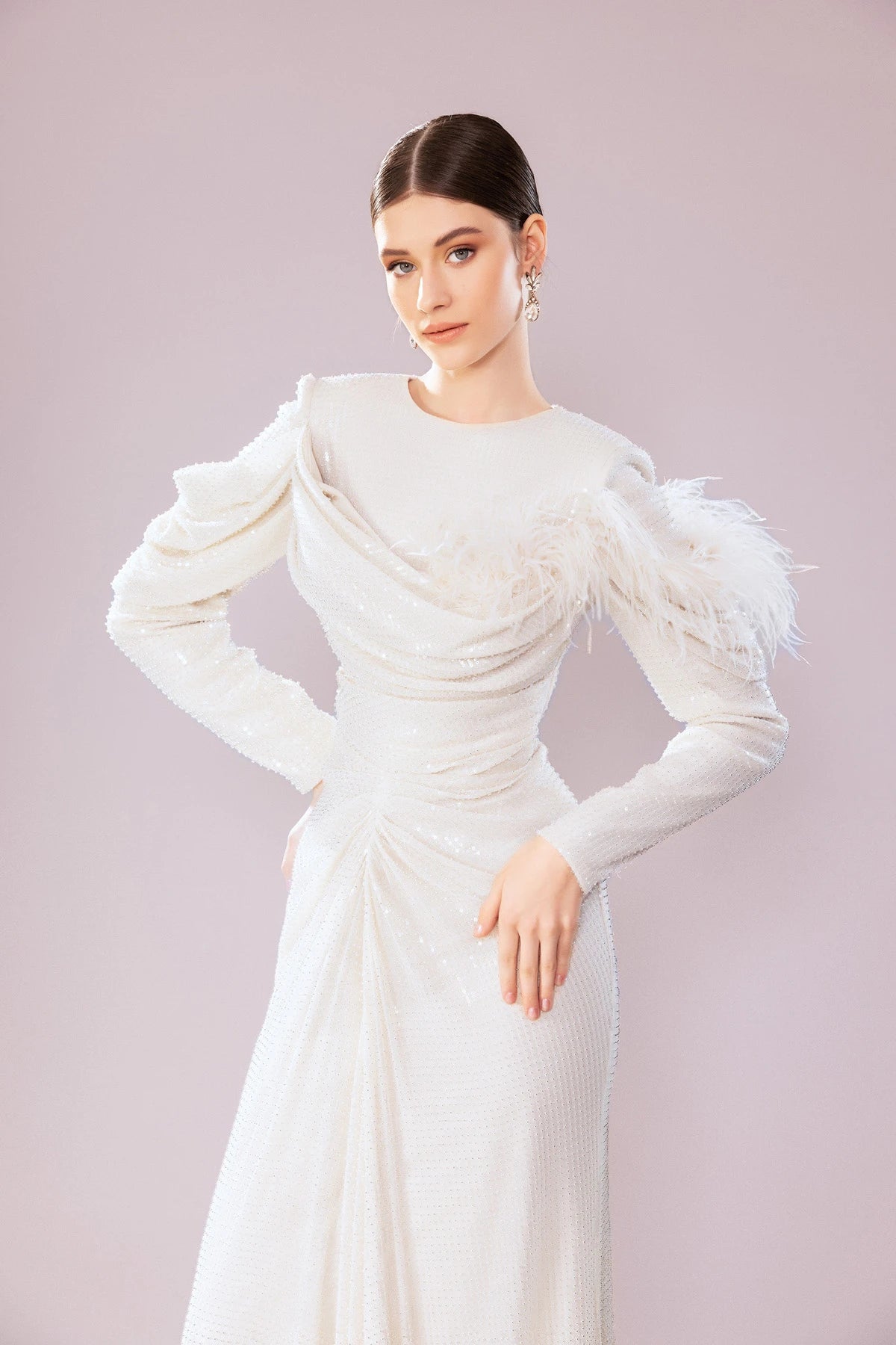 7202-Otrişli Payet Kumaş Uzun Tesettür Abiye Elbise