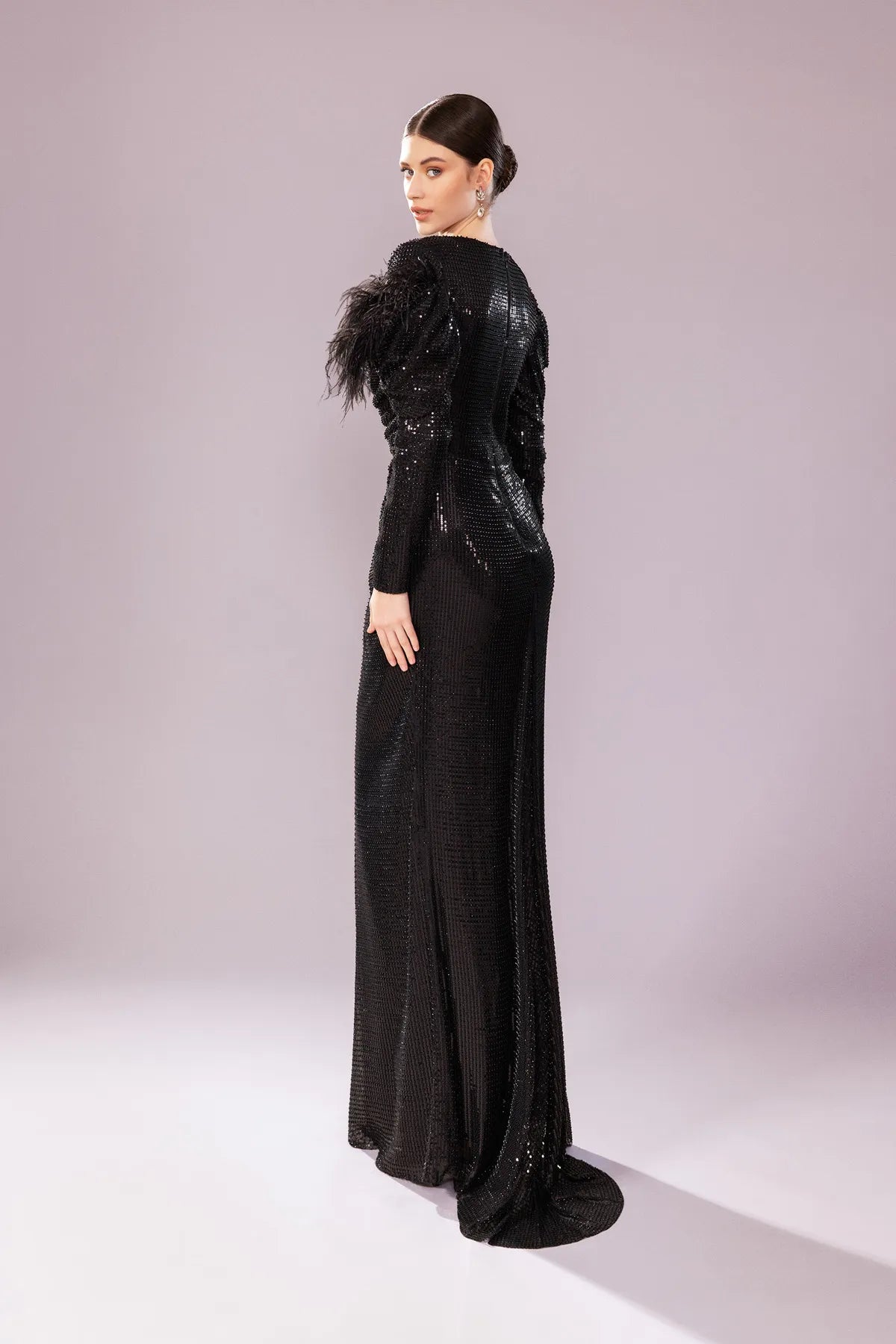 7202-Otrişli Payet Kumaş Uzun Tesettür Abiye Elbise