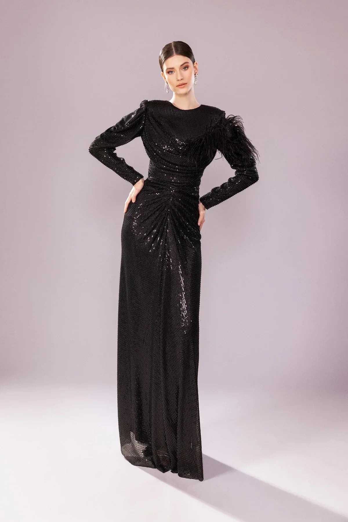 7202-Otrişli Payet Kumaş Uzun Tesettür Abiye Elbise - Kenzel