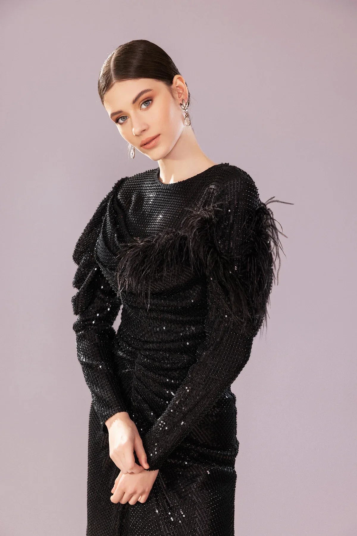 7202-Otrişli Payet Kumaş Uzun Tesettür Abiye Elbise - Kenzel