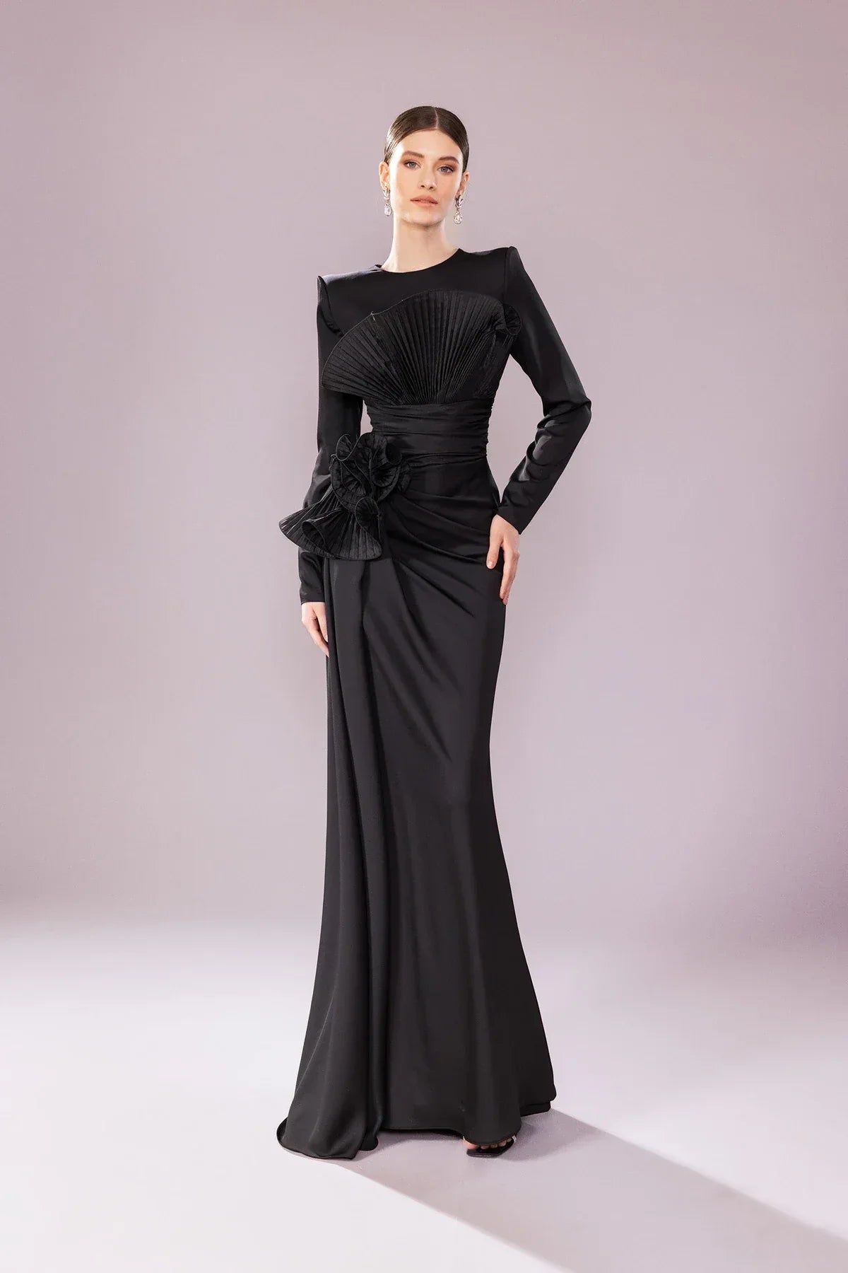 7203-Uzun Kollu Drapeli Tesettür Uzun Elbise - Kenzel